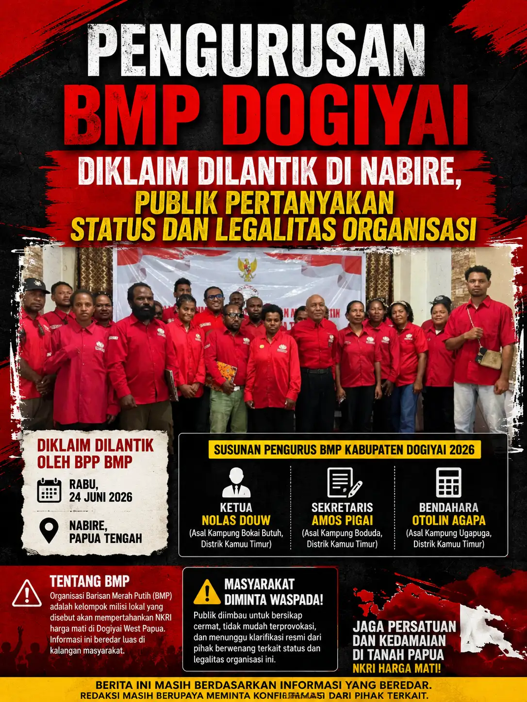 Kepengurusan BMP Dogiyai Diklaim Dilantik di Nabire, Publik Pertanyakan Status dan Legalitas Organisasi