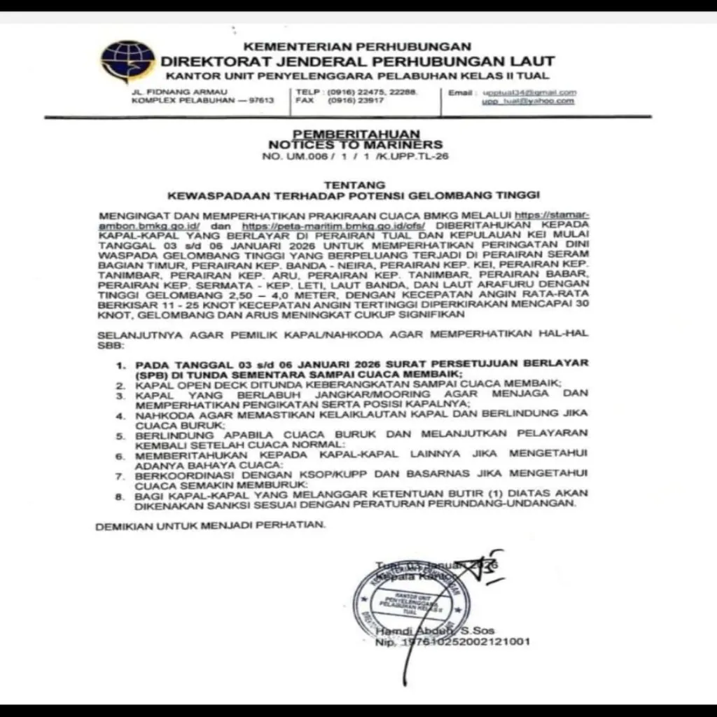 UPP Kelas II Tual Keluarkan Peringatan Dini Gelombang Tinggi, SPB Kapal Ditunda 3–6 Januari 2026