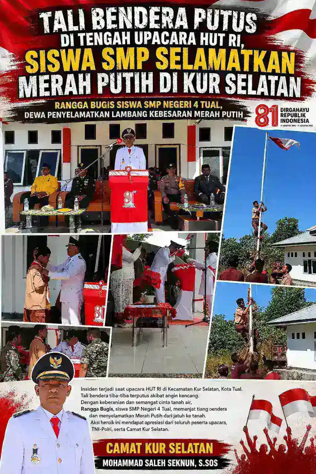Tali Bendera Putus Saat Upacara HUT RI di KUR Selatan, Siswa SMP Panjat Tiang Selamatkan Merah Putih
