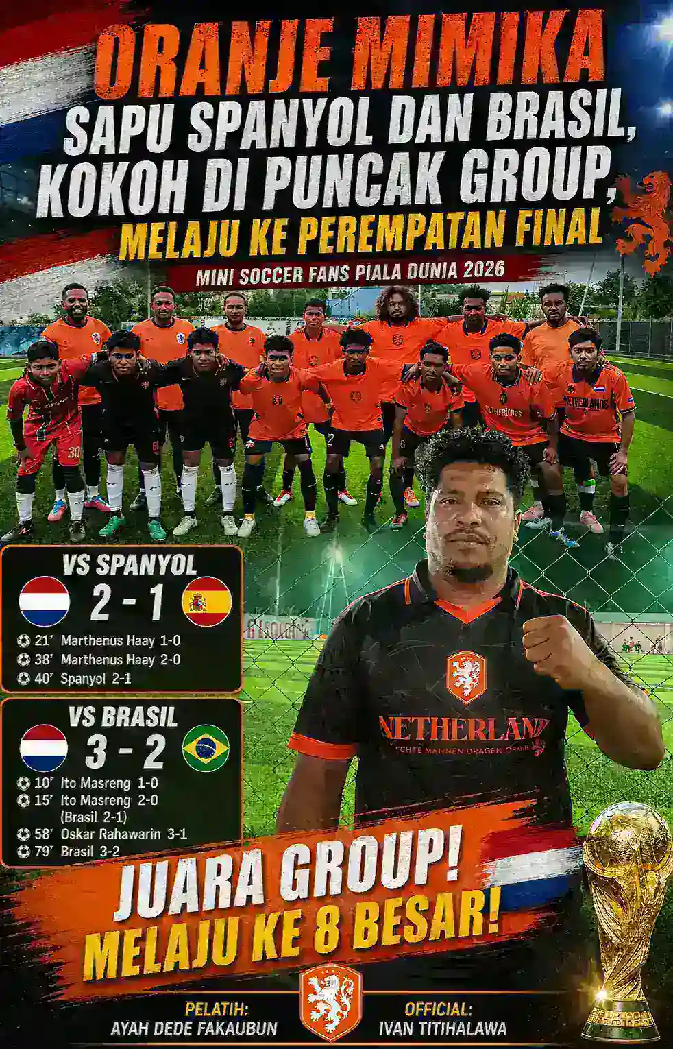 Oranje Mimika Sapu Spanyol dan Brasil, Kokoh di Puncak Grup, Melaju ke Perempat Final Mini Soccer Fans Piala Dunia 2026