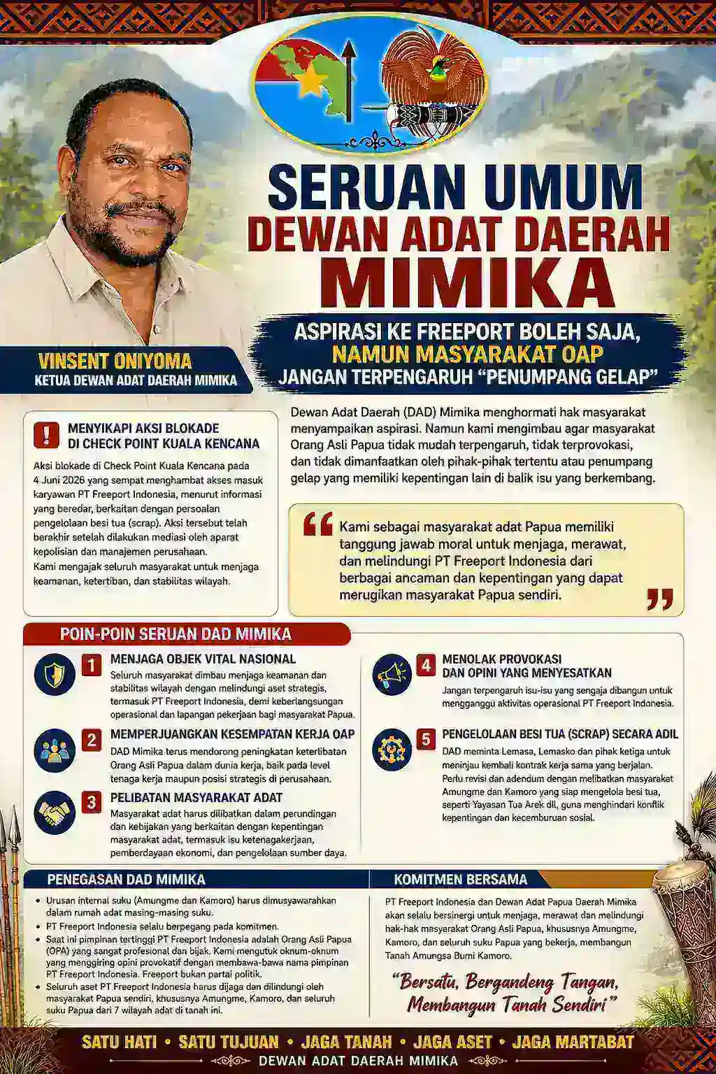 DAD MIMIKA INGATKAN OPA JANGAN JADI ALAT KEPENTINGAN, POLEMIK BESI TUA FREEPORT DIMINTA DISELESAIKAN SECARA ADIL