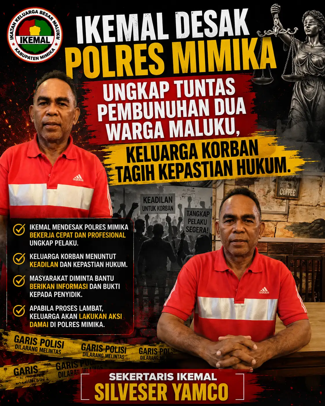 IKEMAL Desak Polres Mimika Ungkap Tuntas Pembunuhan Dua Warga Maluku, Keluarga Korban Tagih Kepastian Hukum