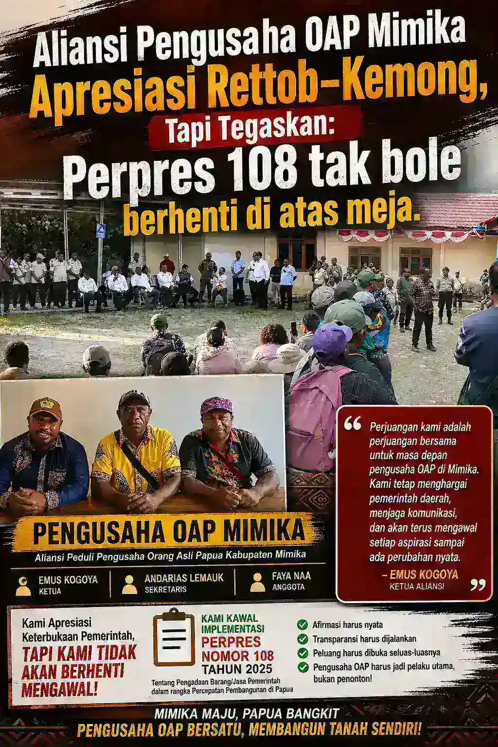 Aliansi Pengusaha OAP Mimika Apresiasi Rettob-Kemong, Tapi Tegaskan: Perpres 108 Tak Boleh Berhenti di Atas Kertas