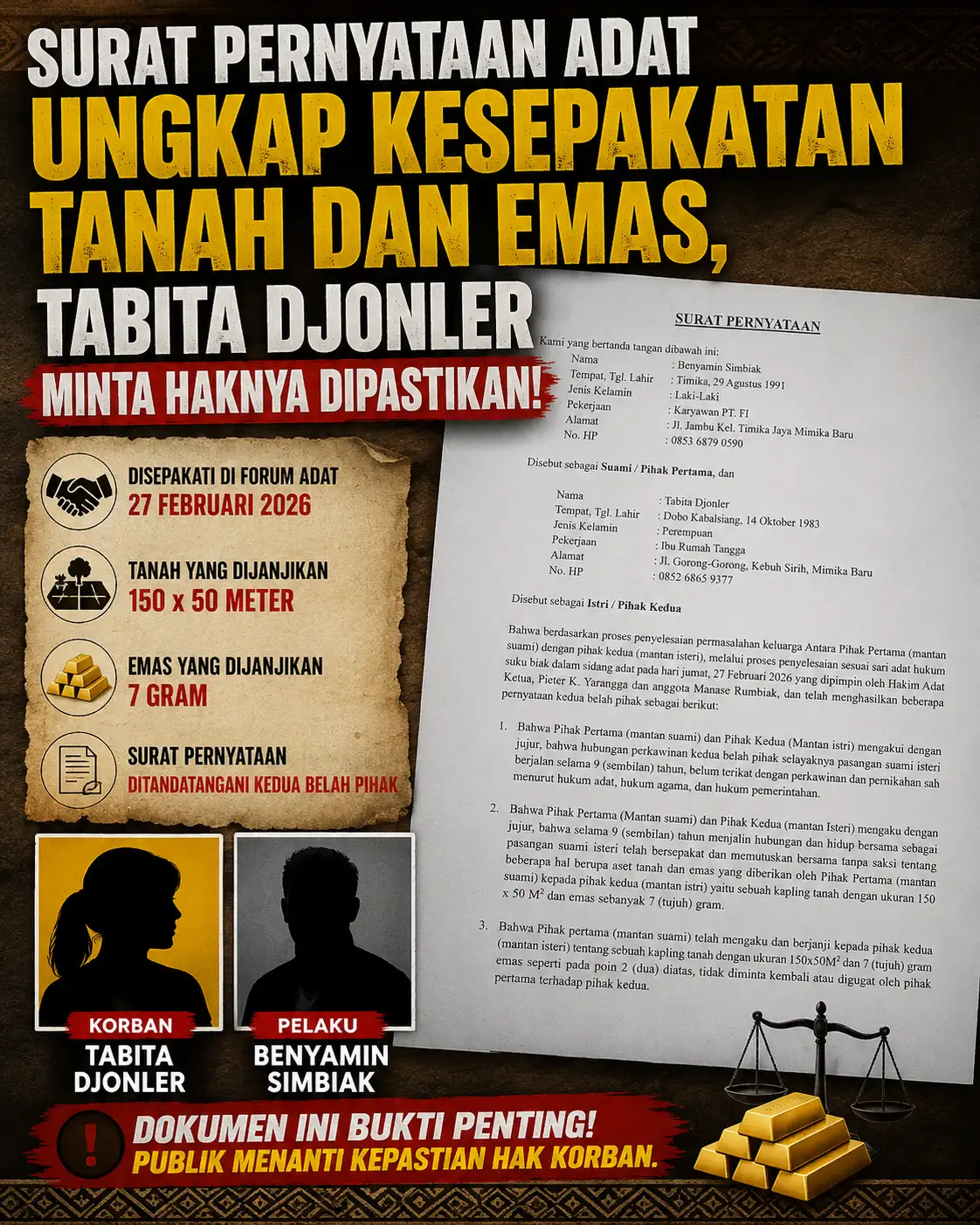 Surat Pernyataan Adat Ungkap Kesepakatan Tanah dan Emas, Tabita Djonler Minta Haknya Dipastikan