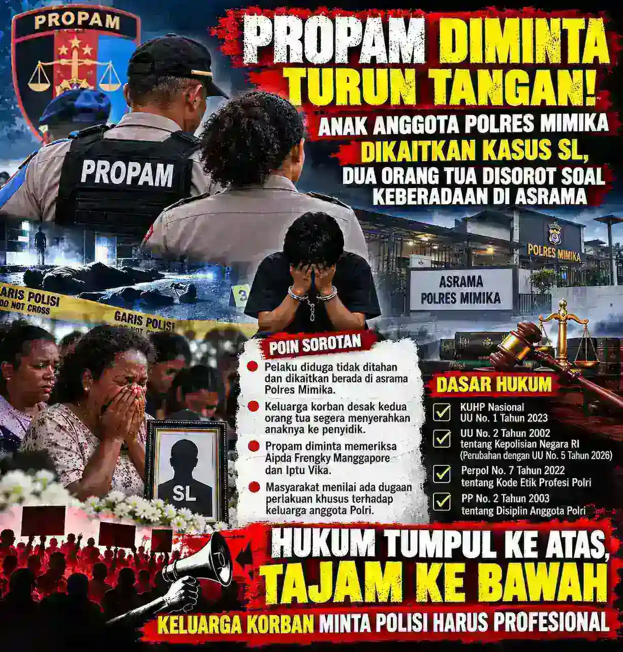 PROPAM DIMINTA TURUN TANGAN! Anak Anggota Polres Mimika Dikaitkan Kasus SL, Dua Orang Tua Disorot soal Keberadaan di Asrama