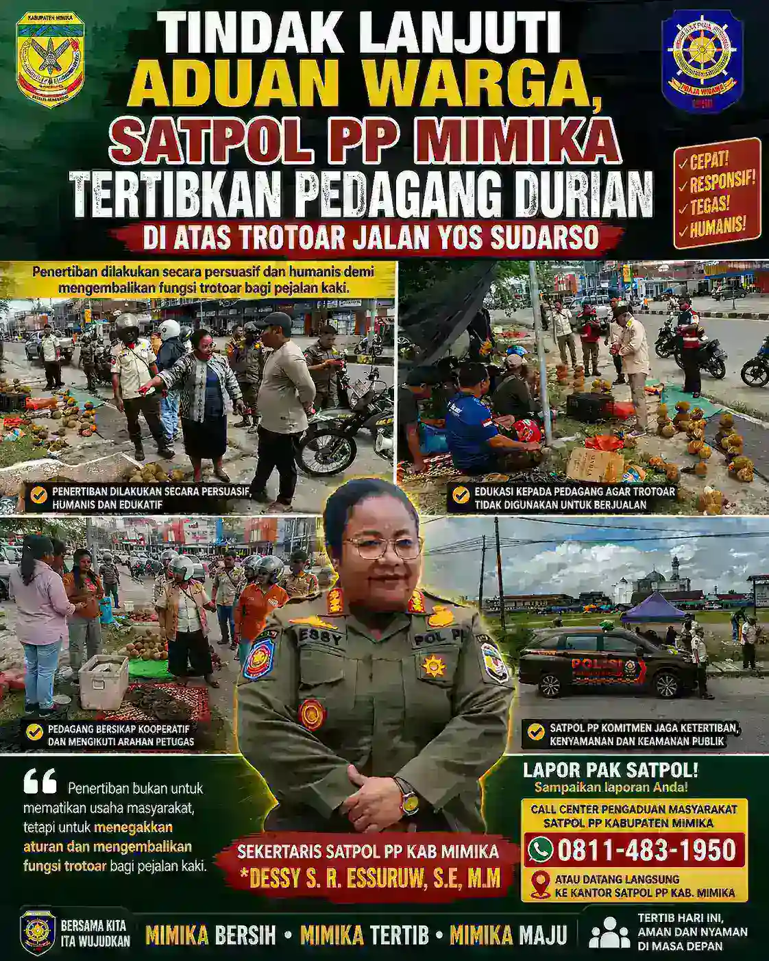 Tindak Lanjuti Aduan Warga, Satpol PP Mimika Tertibkan Pedagang Durian di Atas Trotoar Jalan Yos Sudarso