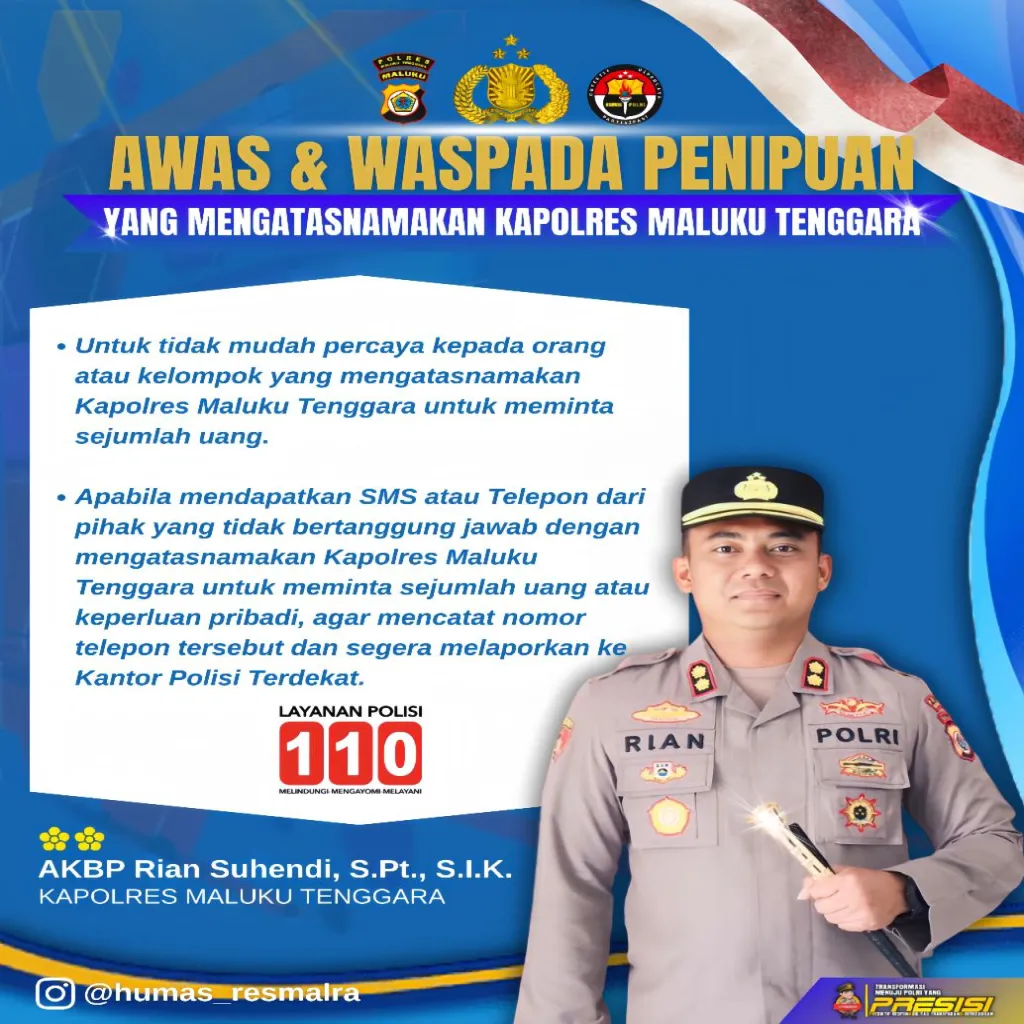 Polres Maluku Tenggara Imbau Warga Waspadai Penipuan Mengatasnamakan Kapolres