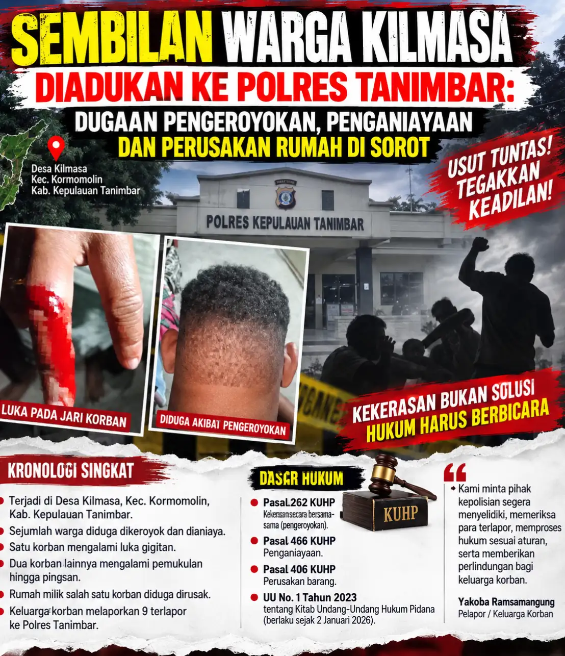 Sembilan Warga Kilmasa Diadukan ke Polres Tanimbar: Dugaan Pengeroyokan, Penganiayaan dan Perusakan Rumah Disorot