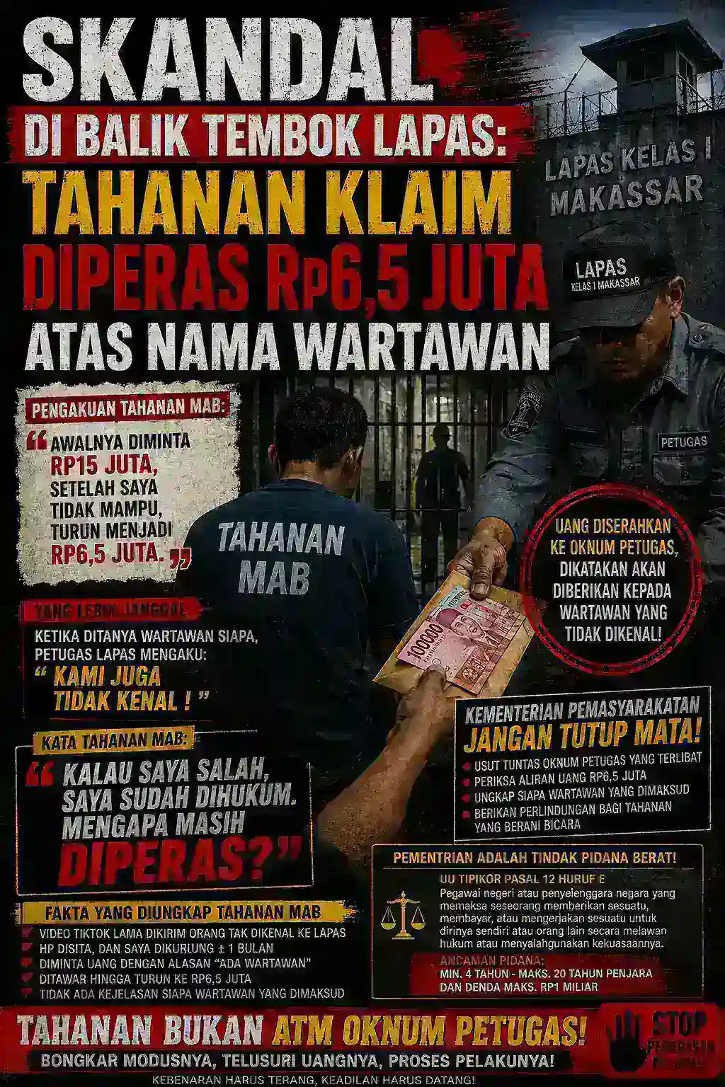 SKANDAL DI BALIK TEMBOK LAPAS: TAHANAN KLAIM DIPERAS Rp6,5 JUTA ATAS NAMA WARTAWAN