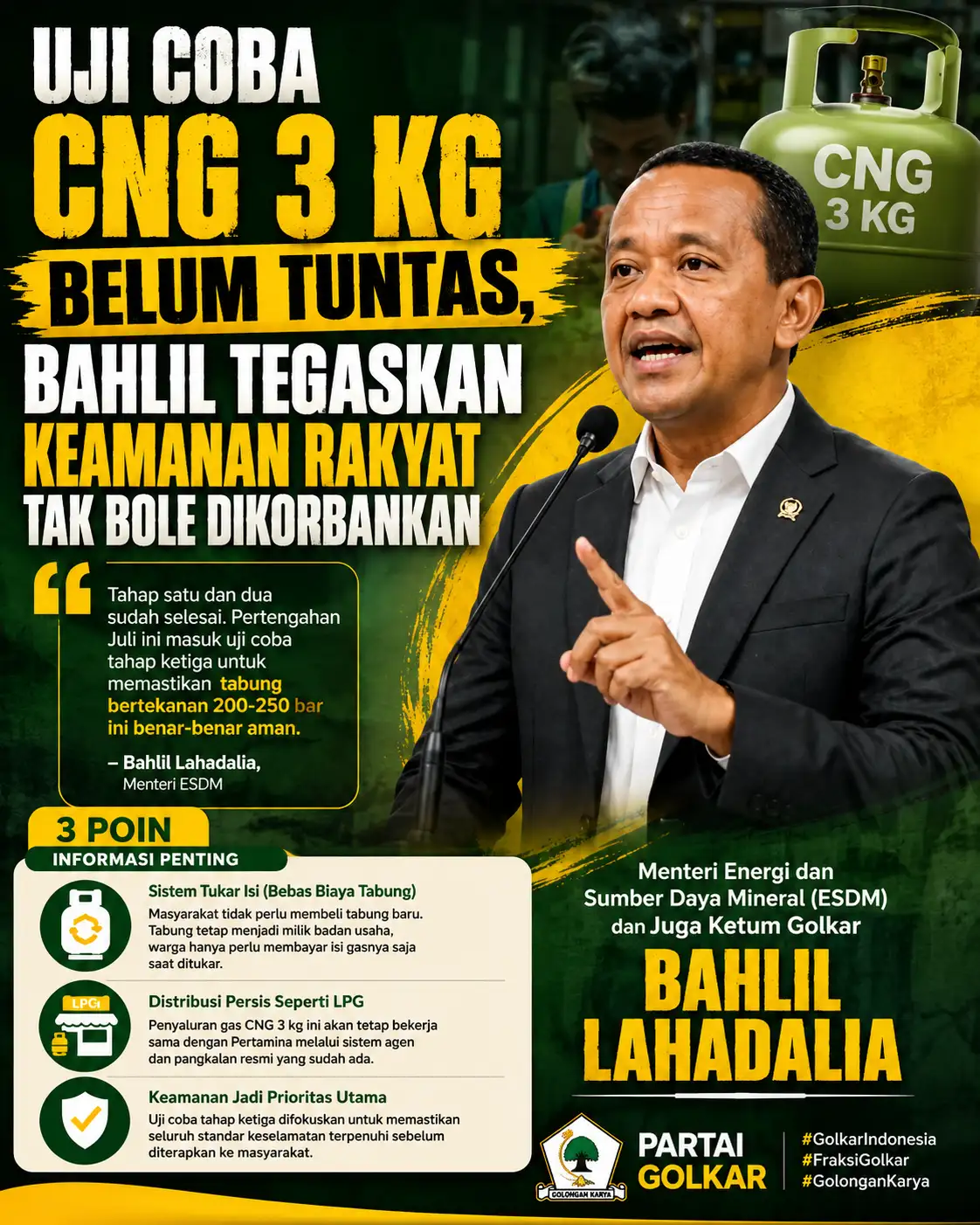 UJI COBA CNG 3 KG BELUM TUNTAS, BAHLIL TEGASKAN KEAMANAN RAKYAT TAK BOLEH DIKORBANKAN