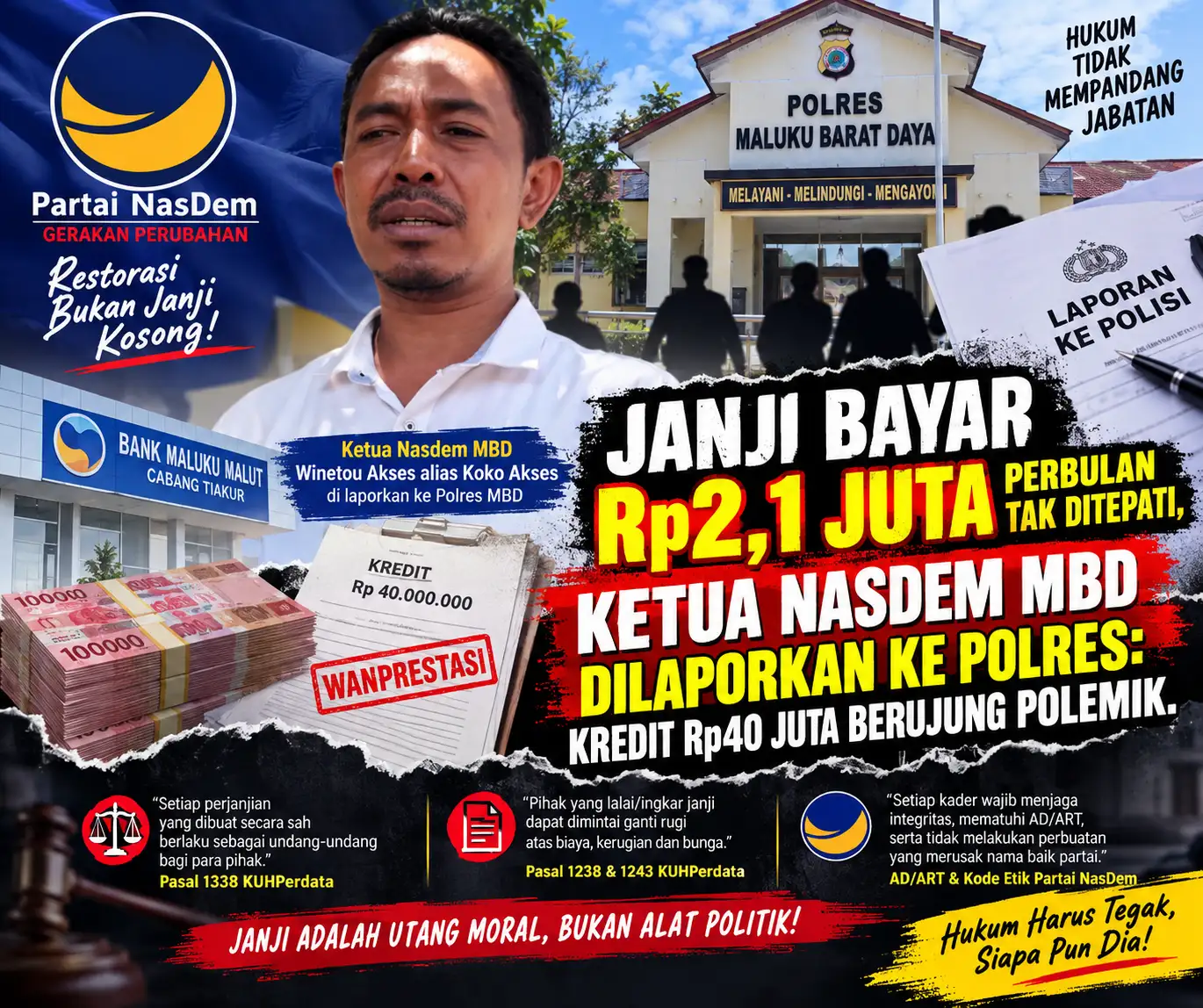Janji Bayar Rp2,1 Juta per Bulan Tak Ditepati, Ketua NasDem MBD Dilaporkan ke Polres: Kredit Rp40 Juta Berujung Polemik