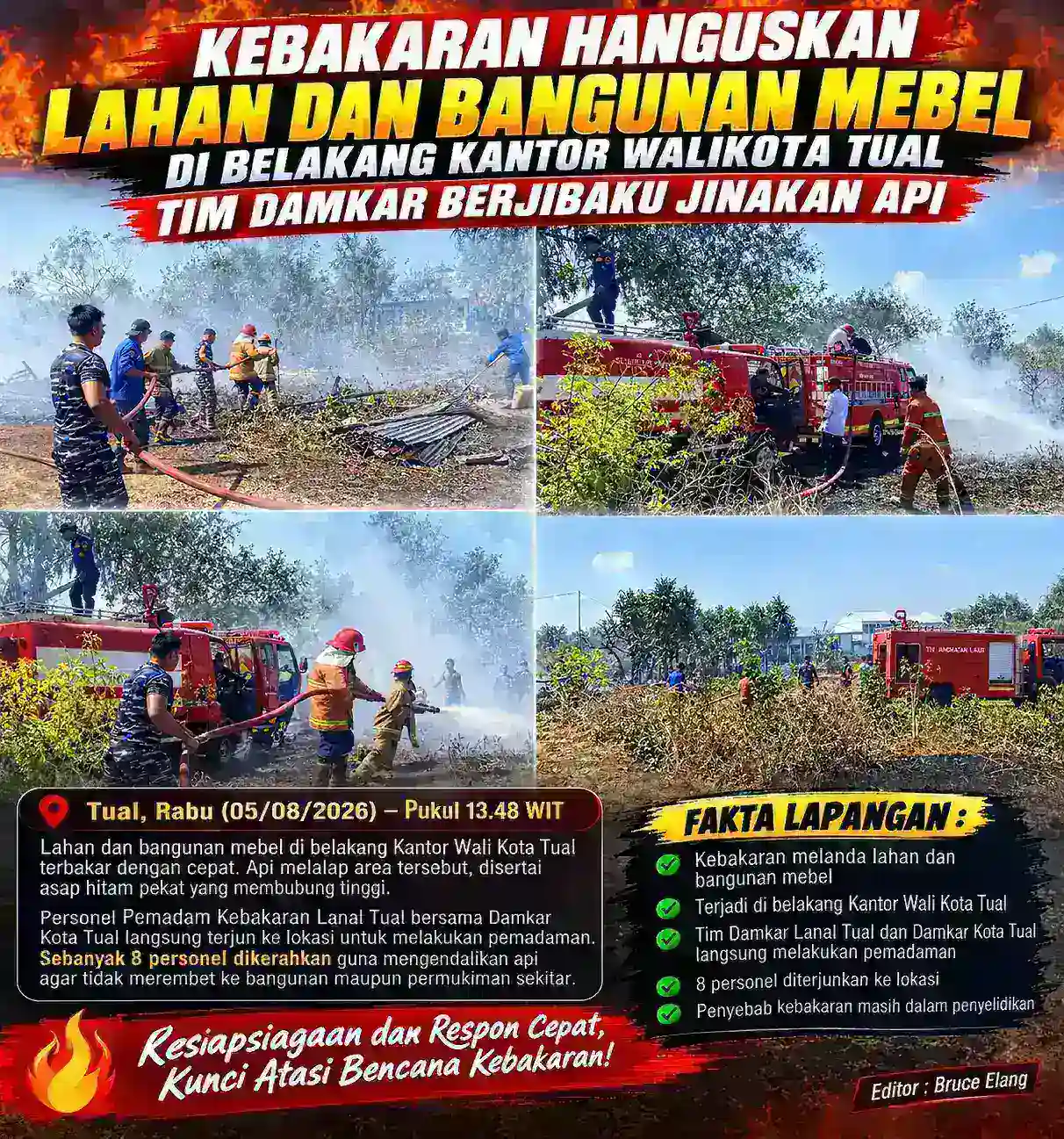 Kebakaran Hanguskan Lahan dan Bangunan Mebel di Belakang Kantor Wali Kota Tual, Tim Damkar Berjibaku Jinakkan Api