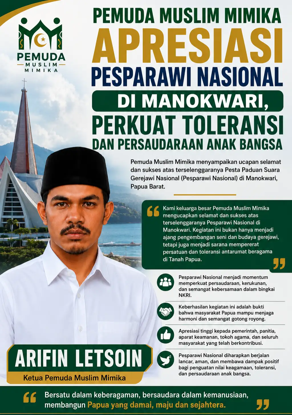 Pemuda Muslim Mimika Apresiasi Pesparawi Nasional di Manokwari, Perkuat Toleransi dan Persaudaraan Anak Bangsa  Mimika, Tribunnusantara-web.id — Pemuda Muslim Mimika menyampaikan ucapan selamat dan su