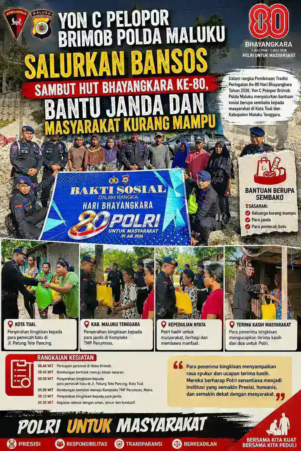 Yon C Pelopor Brimob Polda Maluku Salurkan Bansos Sambut HUT Bhayangkara ke-80, Bantu Janda dan Masyarakat Kurang Mampu
