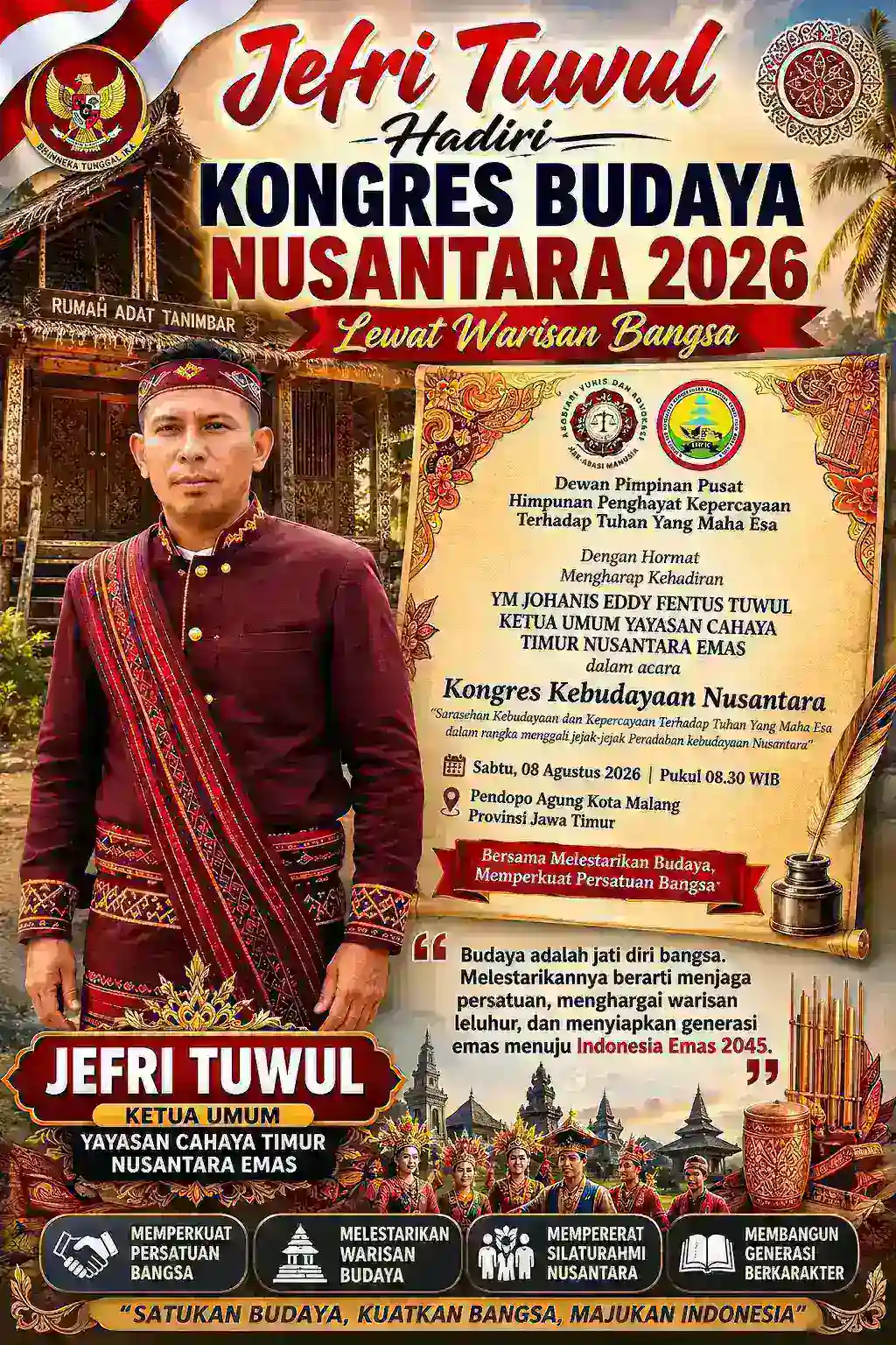 Jefri Tuwul Hadiri Kongres Budaya Nusantara 2026, Perkuat Persatuan Lewat Warisan Bangsa