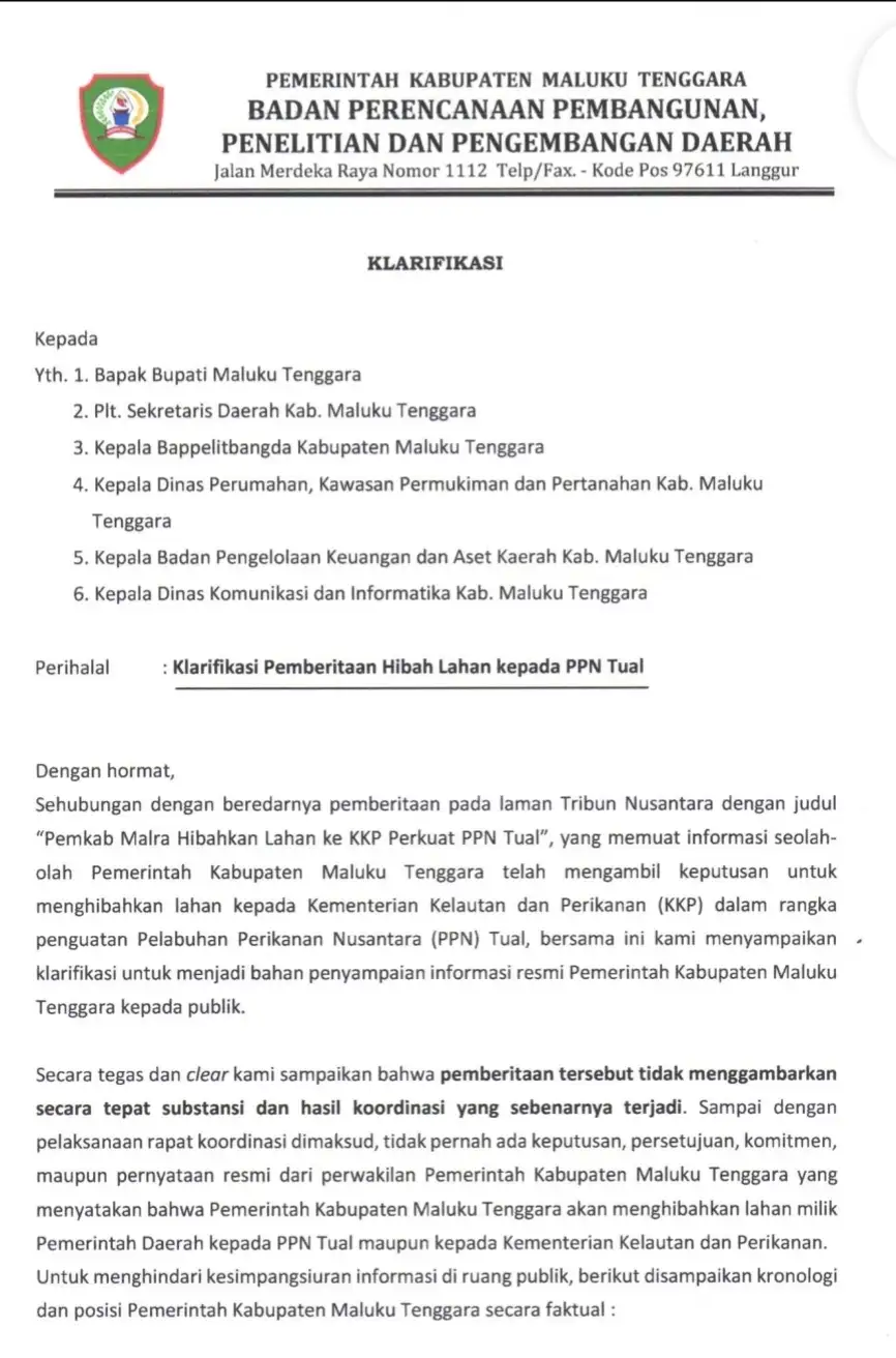 Pemkab Maluku Tenggara Luruskan Informasi Hibah Lahan ke PPN Tual: Belum Ada Persetujuan maupun Keputusan Resmi