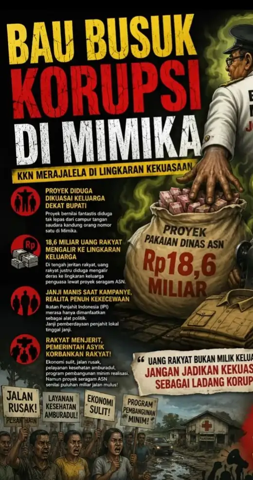 DIDUGA KKN BERJEMUR DI BALIK PROYEK BAJU ASN MIMIKA Rp18,6 MILIAR: Janji Pemberdayaan Penjahit Lokal Dipertanyakan, Publik Desak APH Usut Tuntas
