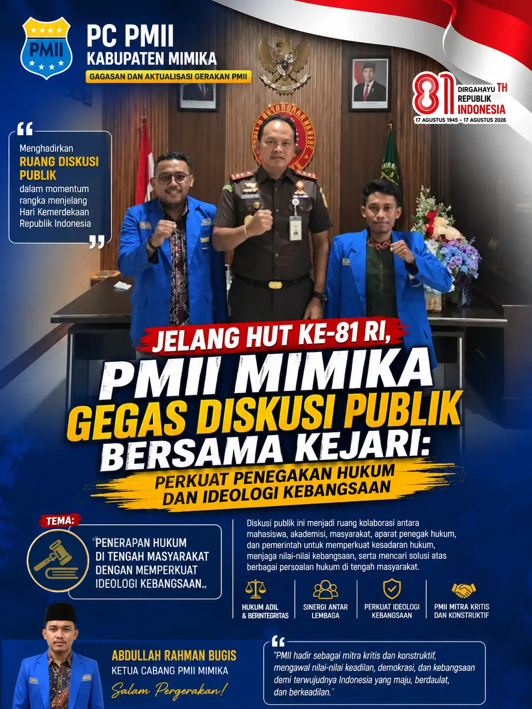 Jelang HUT ke-81 RI, PMII Mimika Gagas Diskusi Publik Bersama Kejari: Perkuat Penegakan Hukum dan Ideologi Kebangsaan