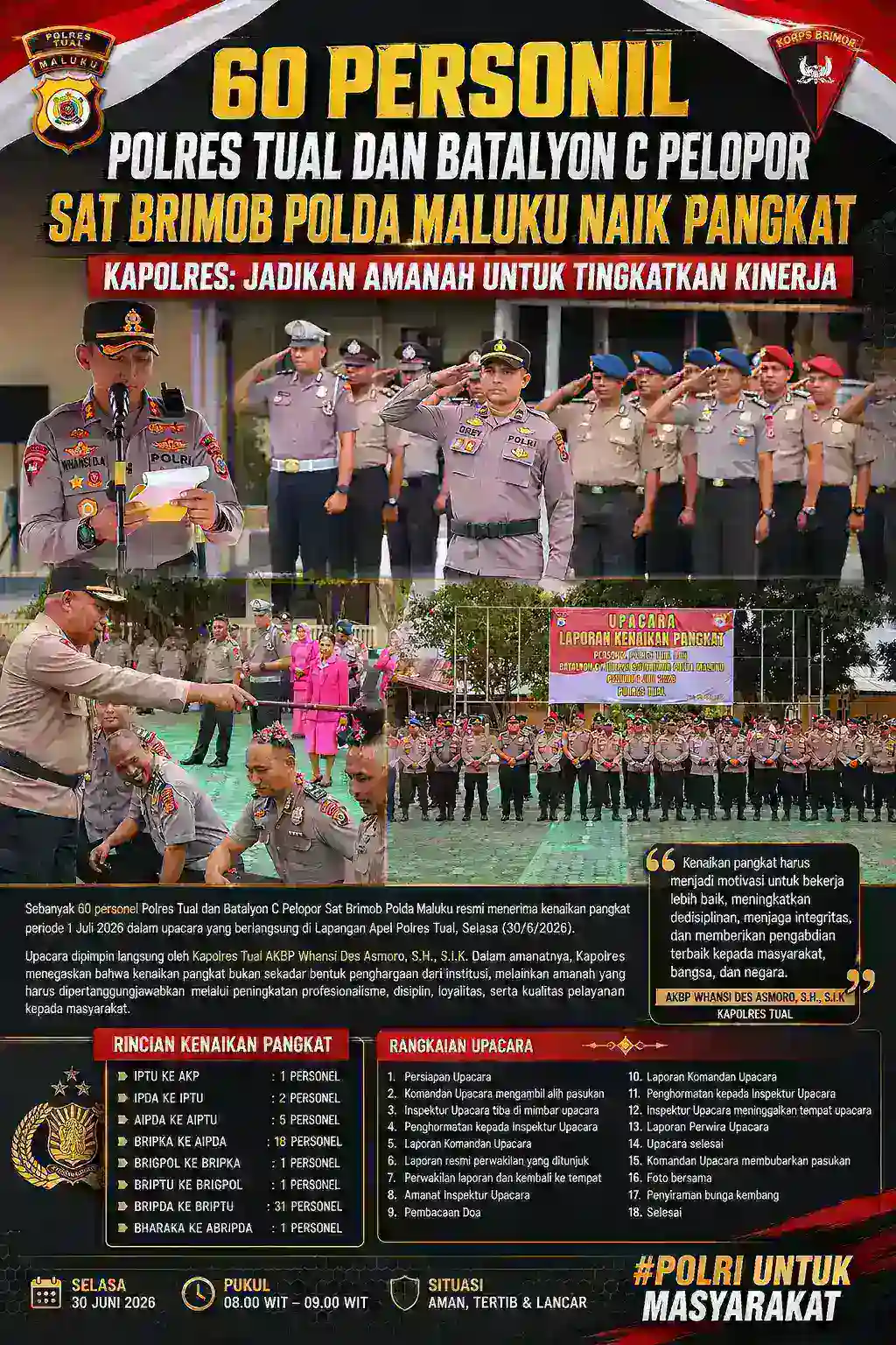 60 Personel Polres Tual dan Batalyon C Pelopor Sat Brimob Polda Maluku Naik Pangkat, Kapolres: Jadikan Amanah untuk Tingkatkan Kinerja
