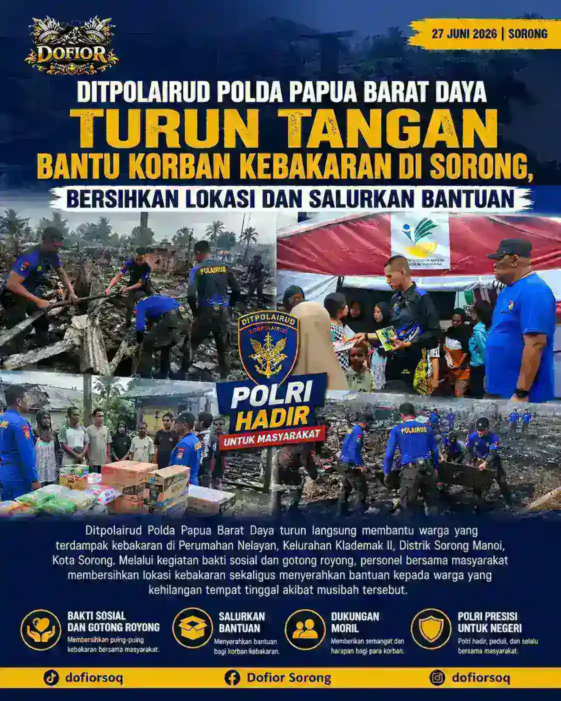 Ditpolairud Polda Papua Barat Daya Turun Tangan Bantu Korban Kebakaran di Sorong, Bersihkan Lokasi dan Salurkan Bantuan
