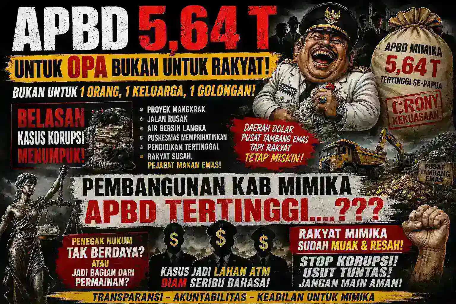 APBD Rp5,6 Triliun Diduga Jadi Bancakan Elite? Mimika Membara, Publik Sindir Aparat: “Pegang UU Tipikor Tapi Koruptor Tetap Bebas”