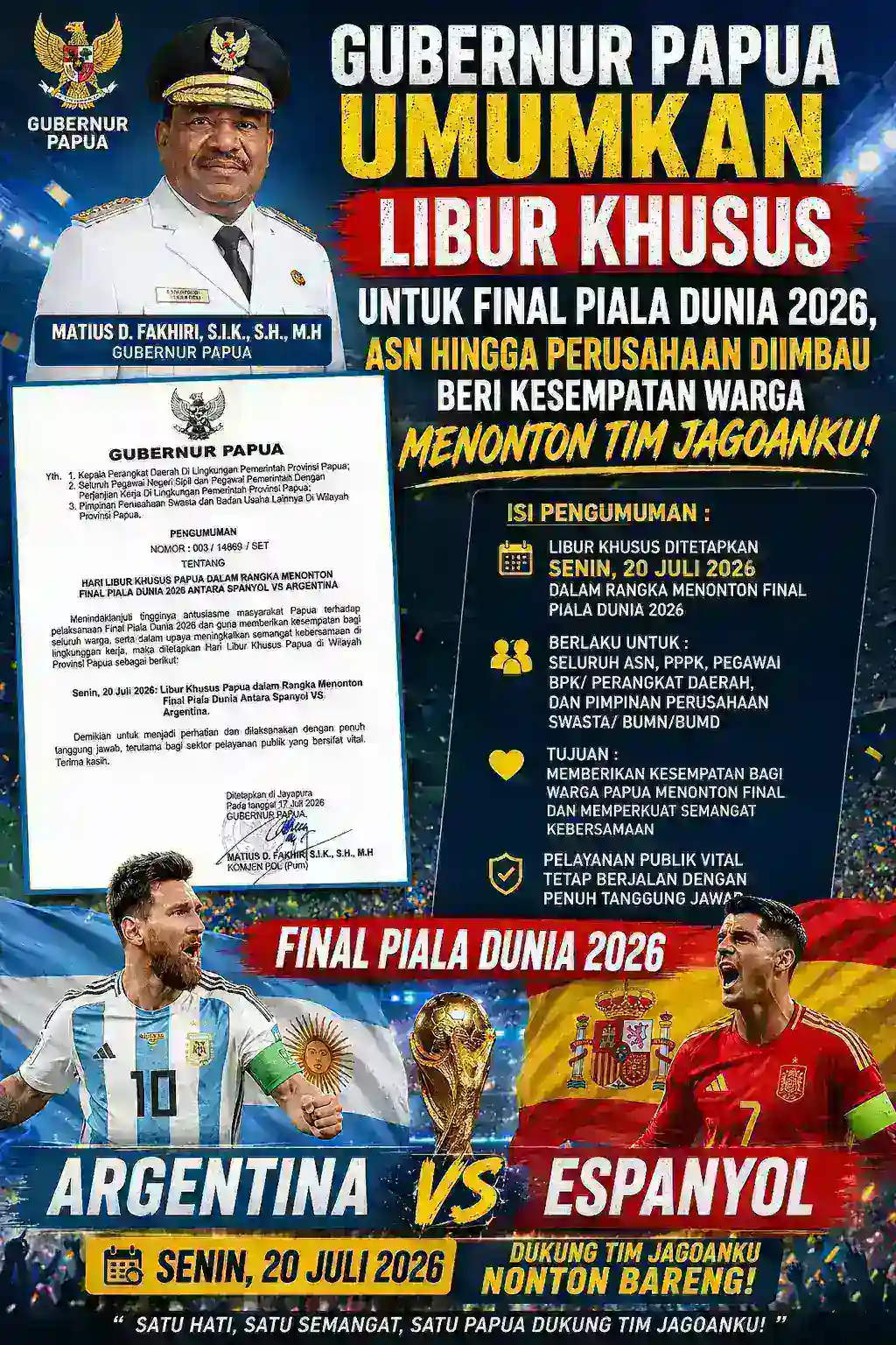 Gubernur Papua Umumkan Libur Khusus untuk Final Piala Dunia 2026, ASN hingga Perusahaan Diimbau Beri Kesempatan Warga Menonton