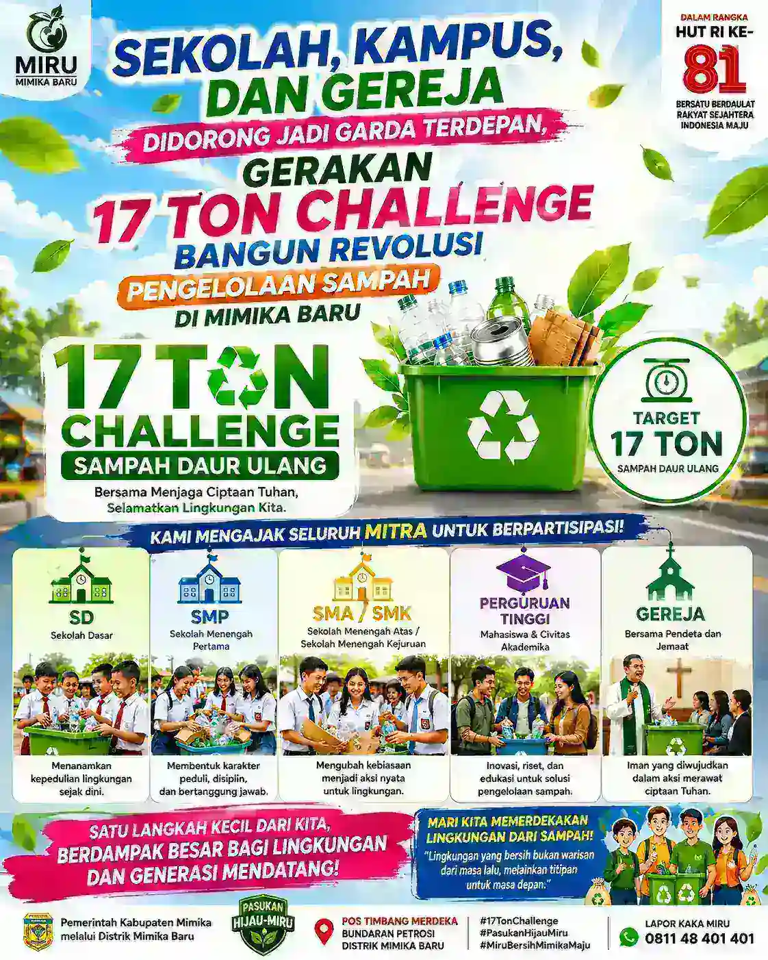 Sekolah, Kampus, dan Gereja Didorong Jadi Garda Terdepan, Gerakan 17 Ton Challenge Bangun Revolusi Pengelolaan Sampah di Mimika Baru