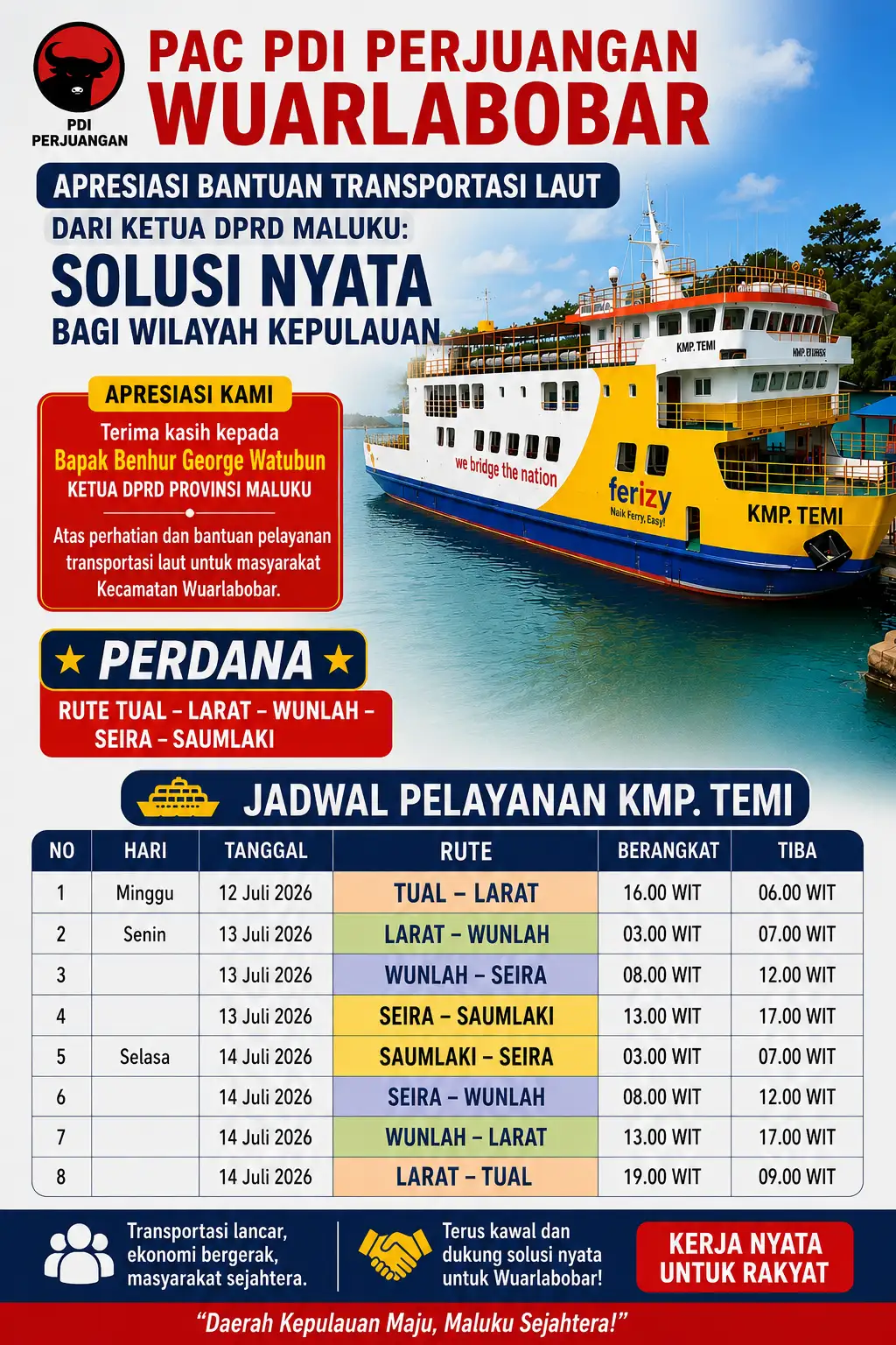 PAC PDI Perjuangan Dan Masyarakat Wuarlabobar Apresiasi Bantuan Ketua DPRD Provinsi Maluku, Ini Solusi Nyata Transportasi Laut