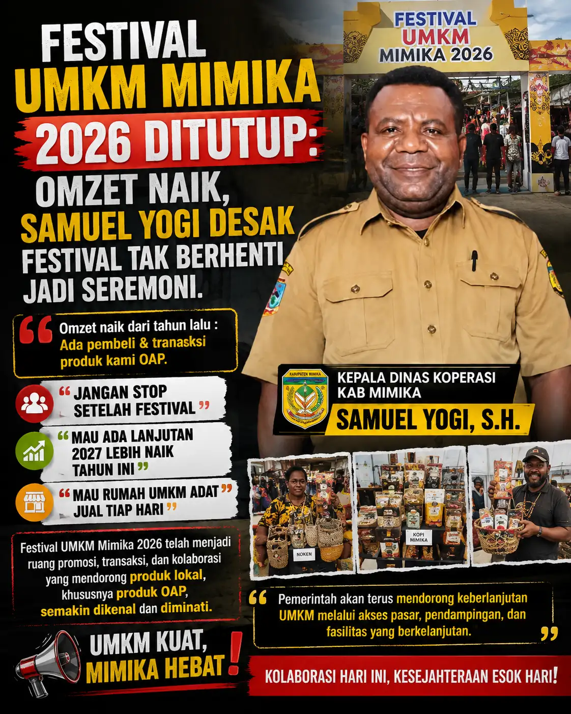 Festival UMKM Mimika 2026 Ditutup: Omzet Naik, Samuel Yogi Desak Festival Tak Berhenti Jadi Seremoni