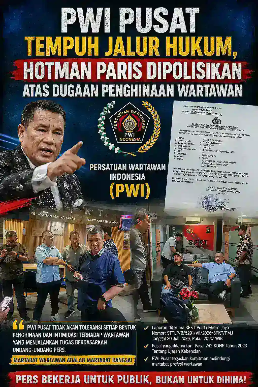 PWI Pusat Tempuh Jalur Hukum,Hotman Paris Dipolisikan atas Dugaan Penghinaan Wartawan.