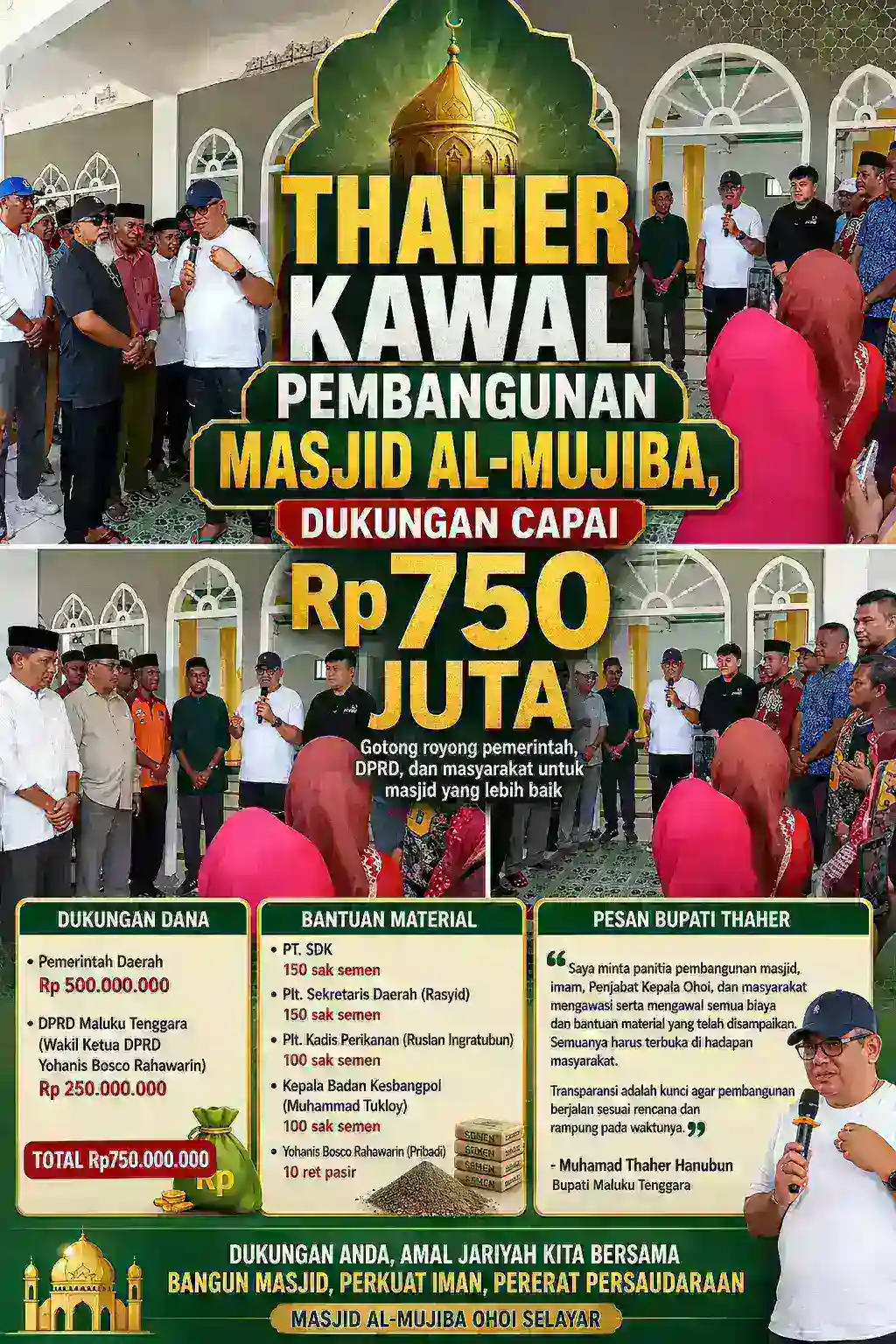 Thaher Kawal Pembangunan Masjid Al-Mujiba, Dukungan Capai Rp750 Juta