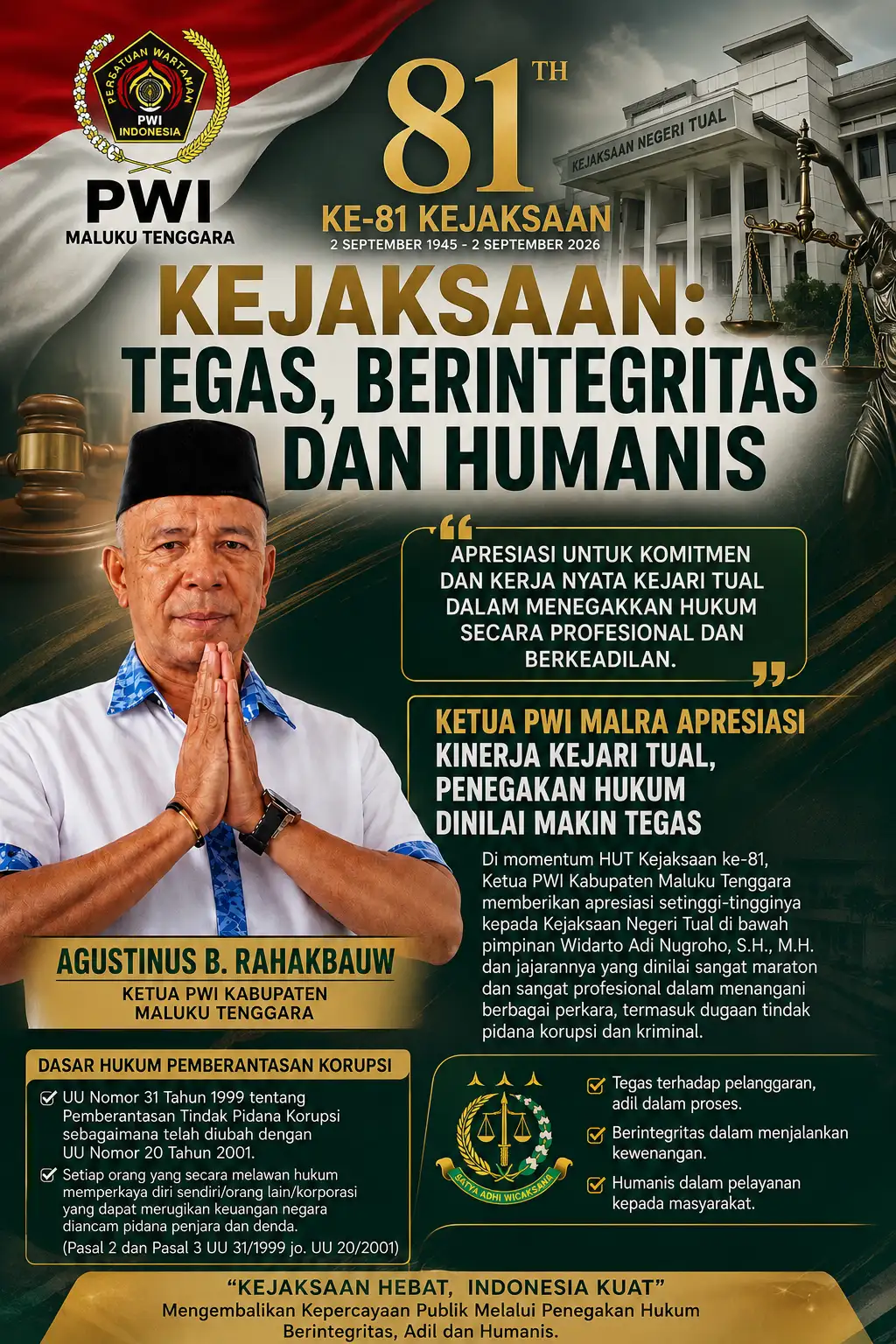 HUT KE-81 KEJAKSAAN: KETUA PWI MALRA APRESIASI KINERJA KEJARI TUAL, PENEGAKAN HUKUM DINILAI MAKIN TEGAS