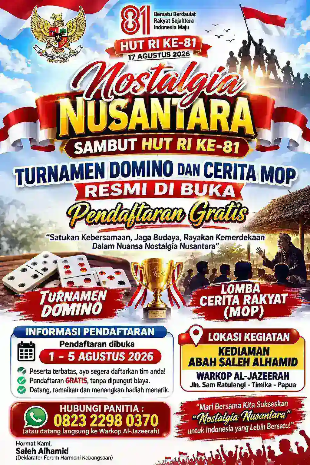 Nostalgia Nusantara Sambut HUT RI ke-81, Turnamen Domino dan Cerita MOP Resmi Dibuka, Pendaftaran Gratis
