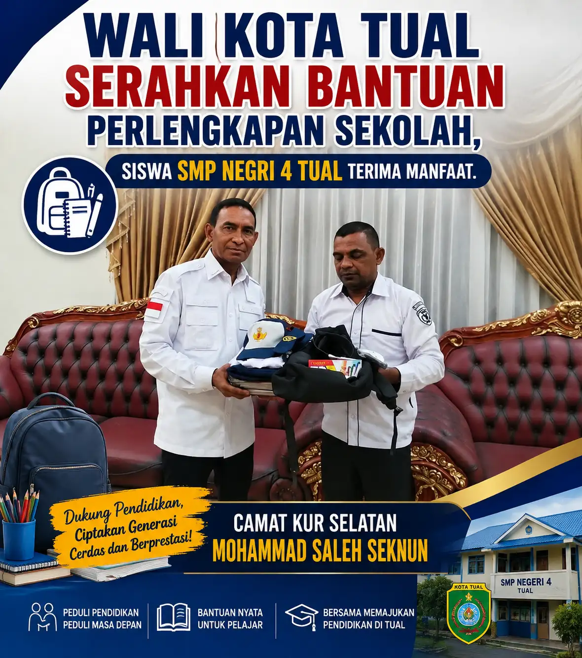 Wali Kota Tual Serahkan Bantuan Perlengkapan Sekolah, Siswa SMP Negeri 4 Terima Manfaat