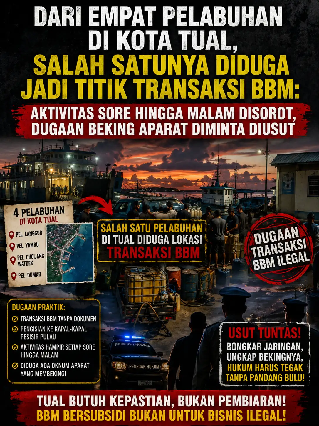 Dari Empat Pelabuhan di Kota Tual, Salah Satunya Diduga Jadi Titik Transaksi BBM: Aktivitas Sore hingga Malam Disorot, Dugaan Beking Aparat Diminta Diusut