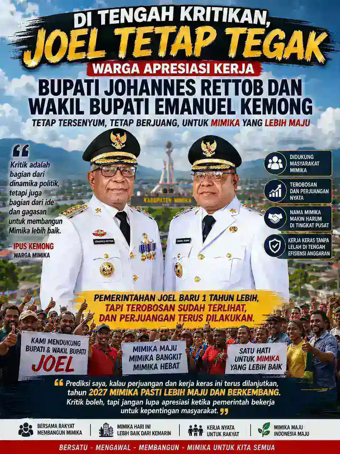 Ditengah Kritikan, Joel Tetap Tegak: Warga Apresiasi Kerja Bupati Johannes Rettob dan Wakil Bupati Emanuel Kemong