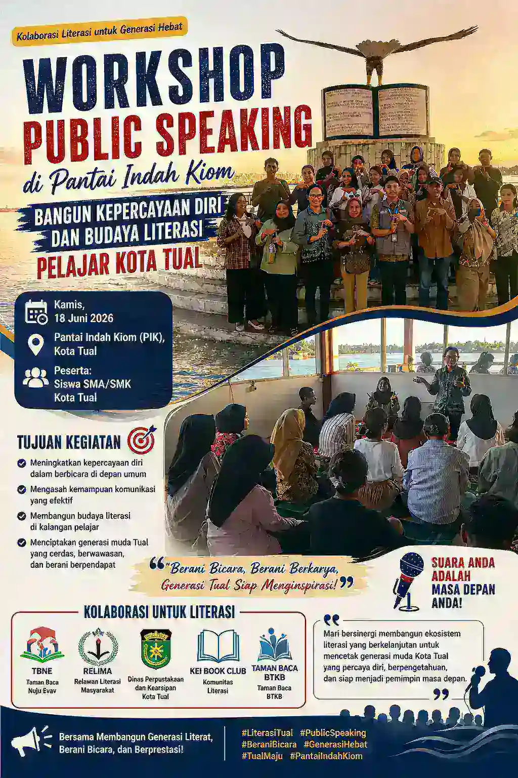 Workshop Public Speaking di Pantai Indah Kiom, Bangun Kepercayaan Diri dan Budaya Literasi Pelajar Kota Tual