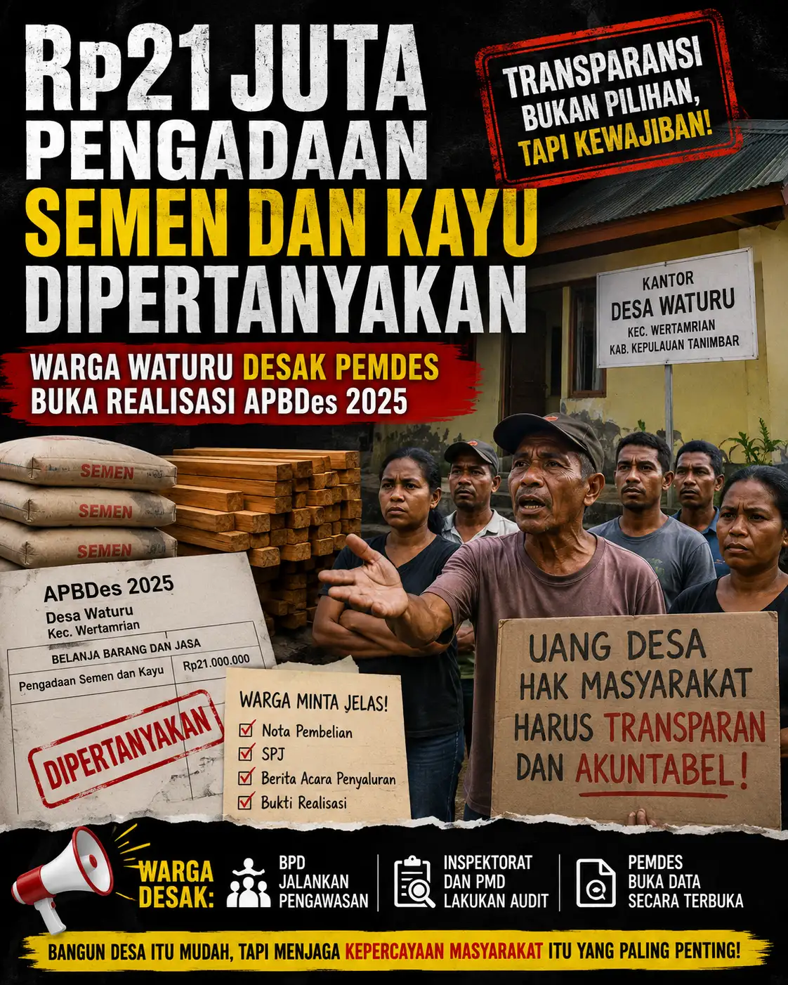 Warga Desa Waturu Sorot Pemdes Soal Pengadaan Semen Dan Kayu Apbdes 2025 Senilai Rp21 Juta