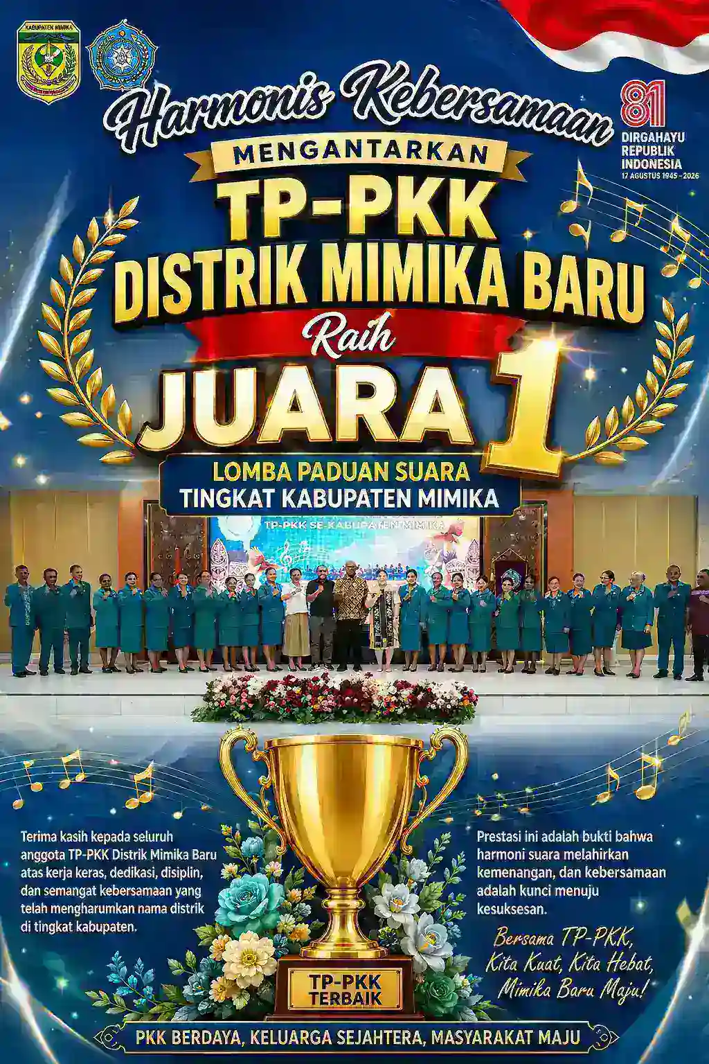 Harmoni Kebersamaan Mengantarkan TP-PKK Distrik Mimika Baru Raih Juara I Lomba Paduan Suara Tingkat Kabupaten Mimika