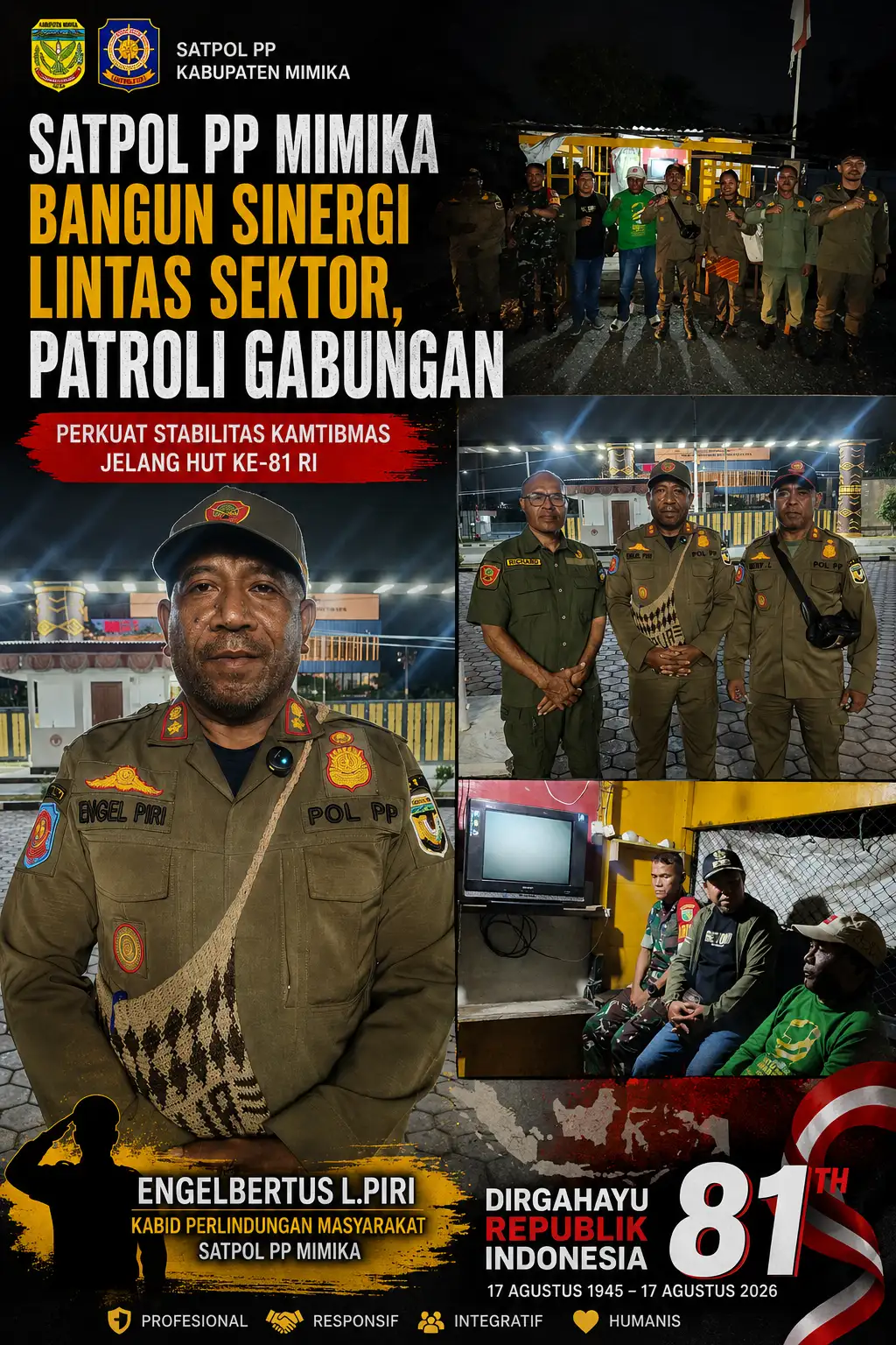 Satpol PP Mimika Bangun Sinergi Lintas Sektor, Patroli Gabungan Perkuat Stabilitas Kamtibmas Jelang HUT ke-81 RI