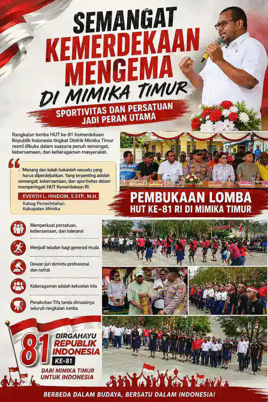 SEMANGAT KEMERDEKAAN MENGEMA DI MIMIKA TIMUR, SPORTIVITAS DAN PERSATUAN JADI PESAN UTAMA
