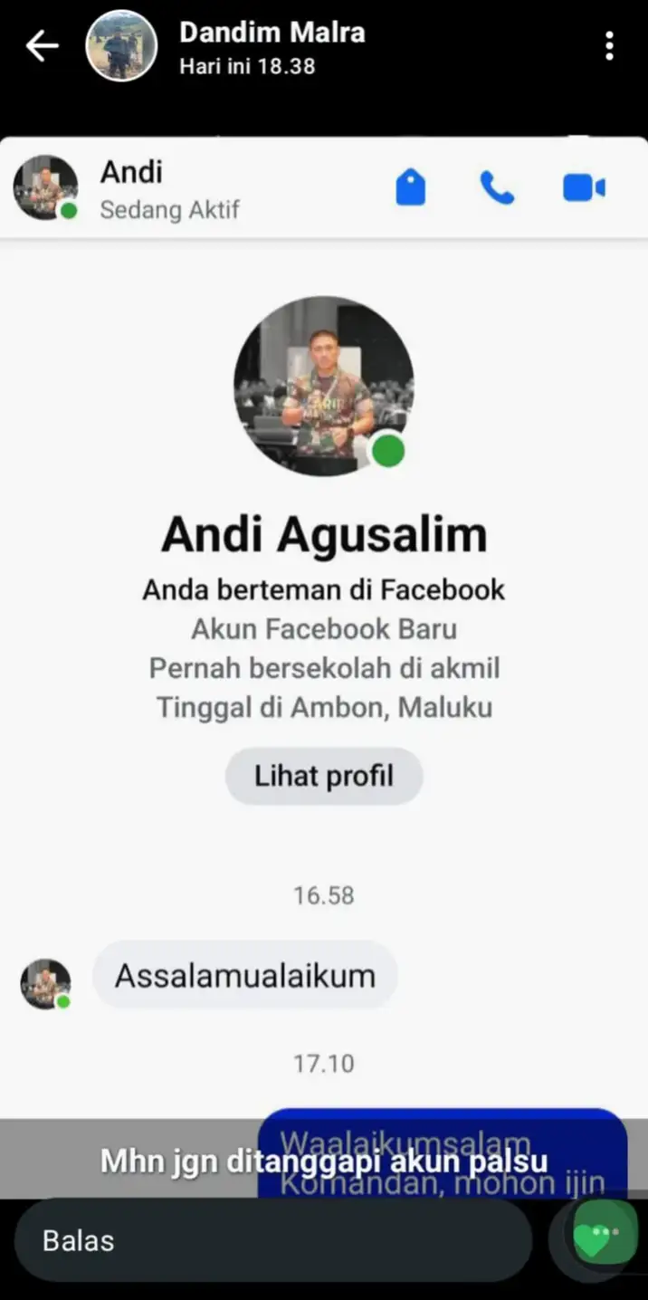 Akun Palsu Catut Nama Dandim Tual, Warga Diminta Abaikan Pesan Mencurigakan