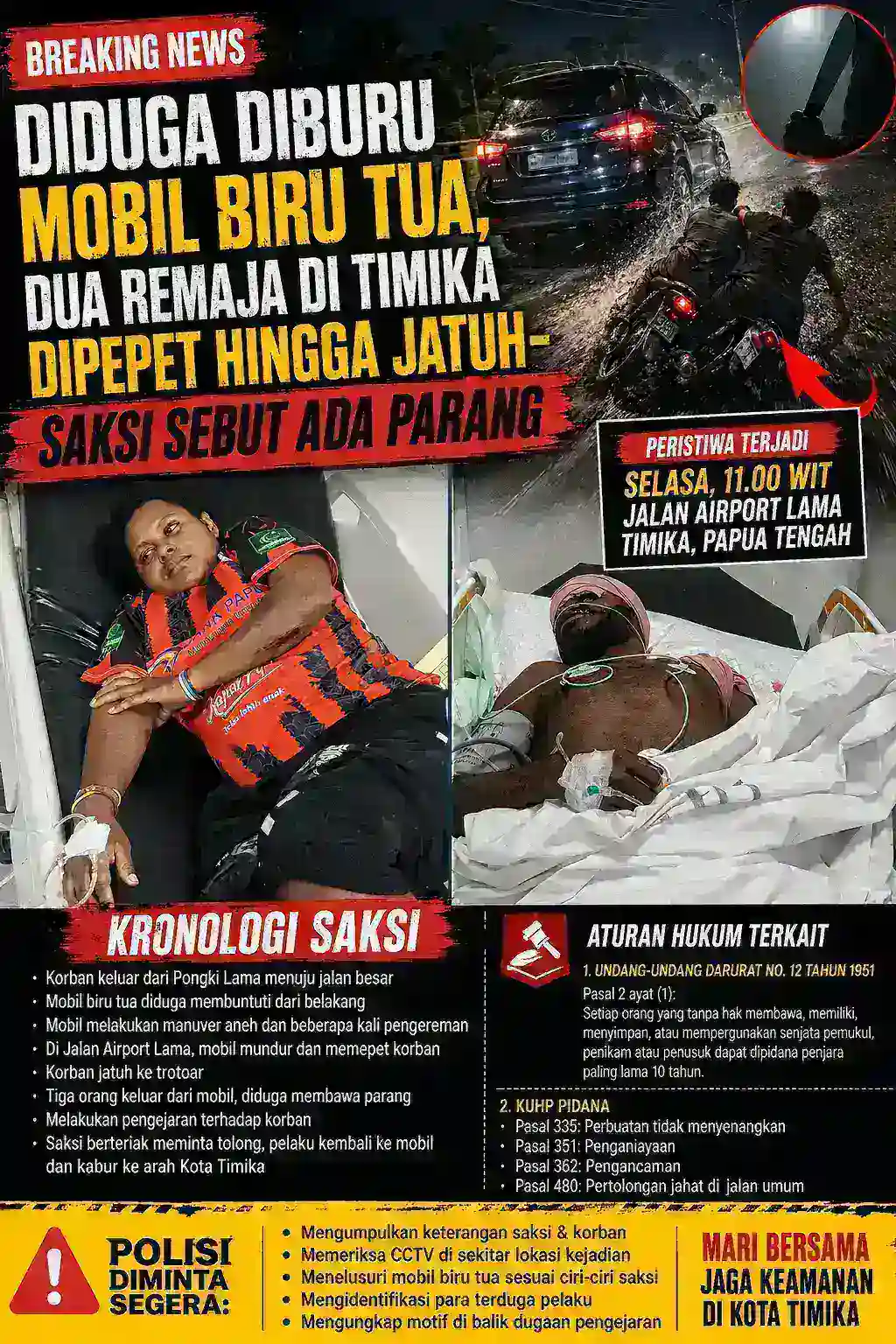 DIDUGA DIBURU MOBIL BIRU TUA, DUA REMAJA DI TIMIKA DIPEPET HINGGA JATUH — SAKSI SEBUT ADA PARANG