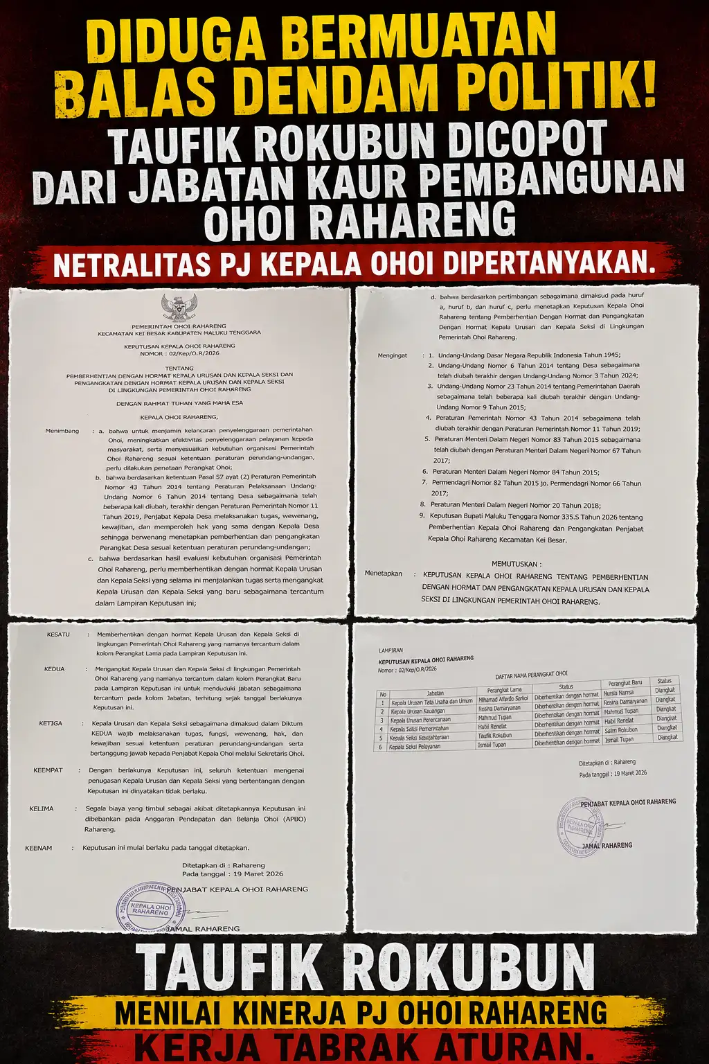 Diduga Bermuatan Balas Dendam Politik! Taufik Rokubun Dicopot dari Jabatan Kaur Pembangunan Ohoi Rahareng, Netralitas Pj Kepala Ohoi Dipertanyakan