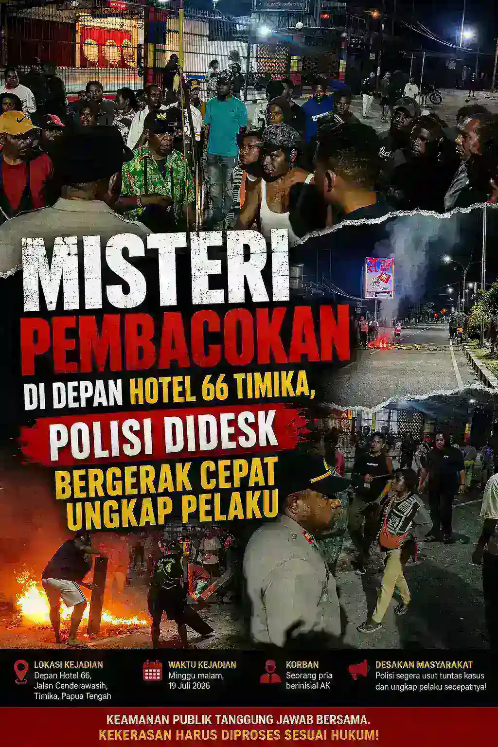Misteri Pembacokan di Depan Hotel 66 Timika, Polisi Didesak Bergerak Cepat Ungkap Pelaku  TIMIKA, PAPUA TENGAH Tribunnusantara-web.id – Aksi kekerasan kembali mengusik rasa aman masyarakat di Kabupate