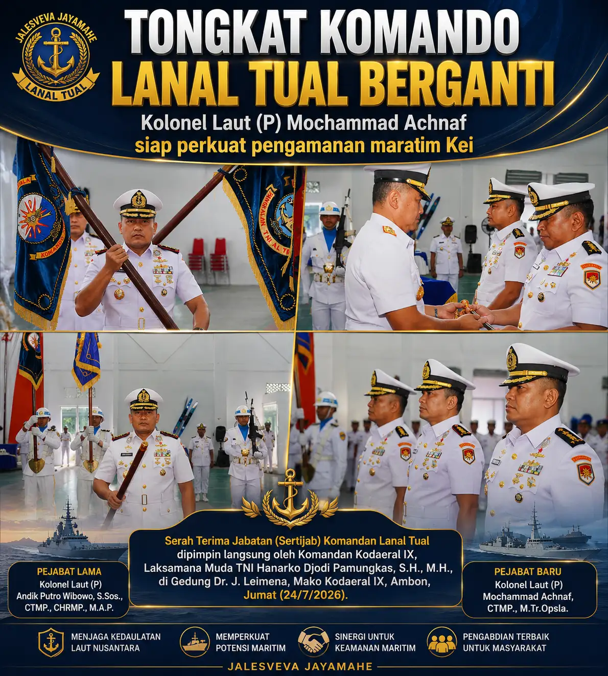 Tongkat Komando Lanal Tual Berganti, Kolonel Laut (P) Mochammad Achnaf Siap Perkuat Pengamanan Maritim Kei