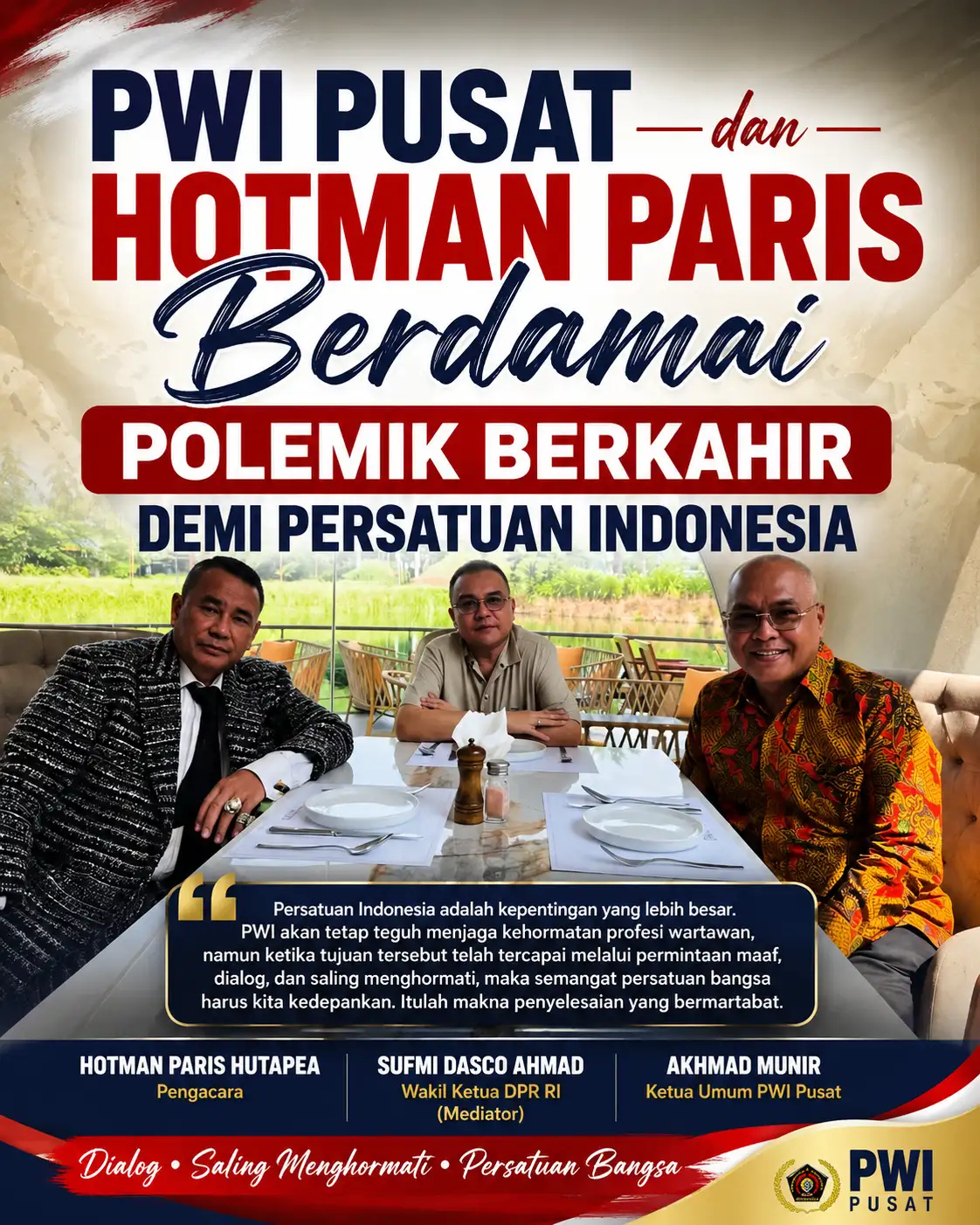 PWI Pusat dan Hotman Paris Berdamai, Polemik Berakhir Demi Persatuan Indonesia