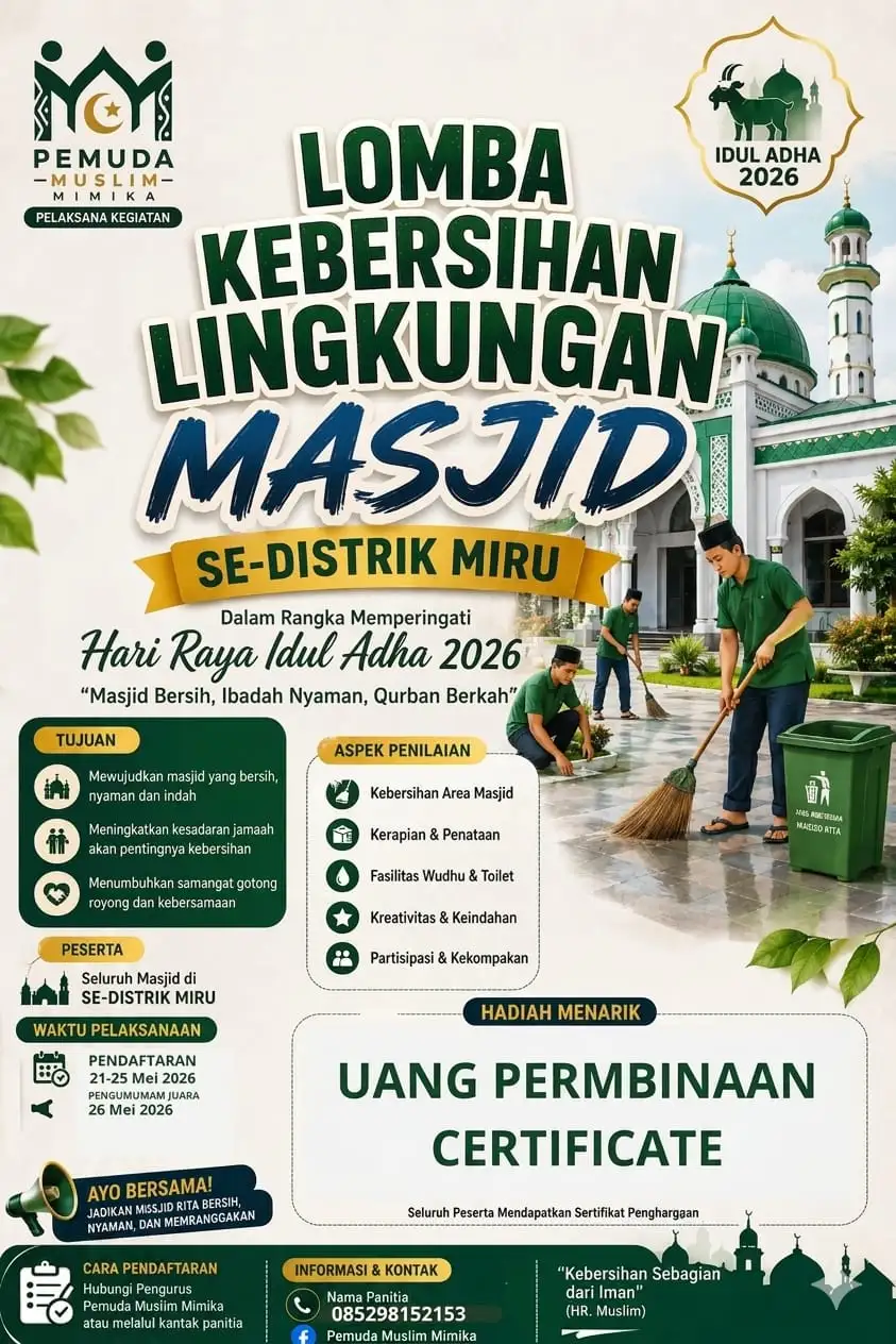 Sambut Idul Adha 1447 H, Pemuda Muslim Mimika Gelar Lomba Kebersihan Masjid Se-Distrik Miru
