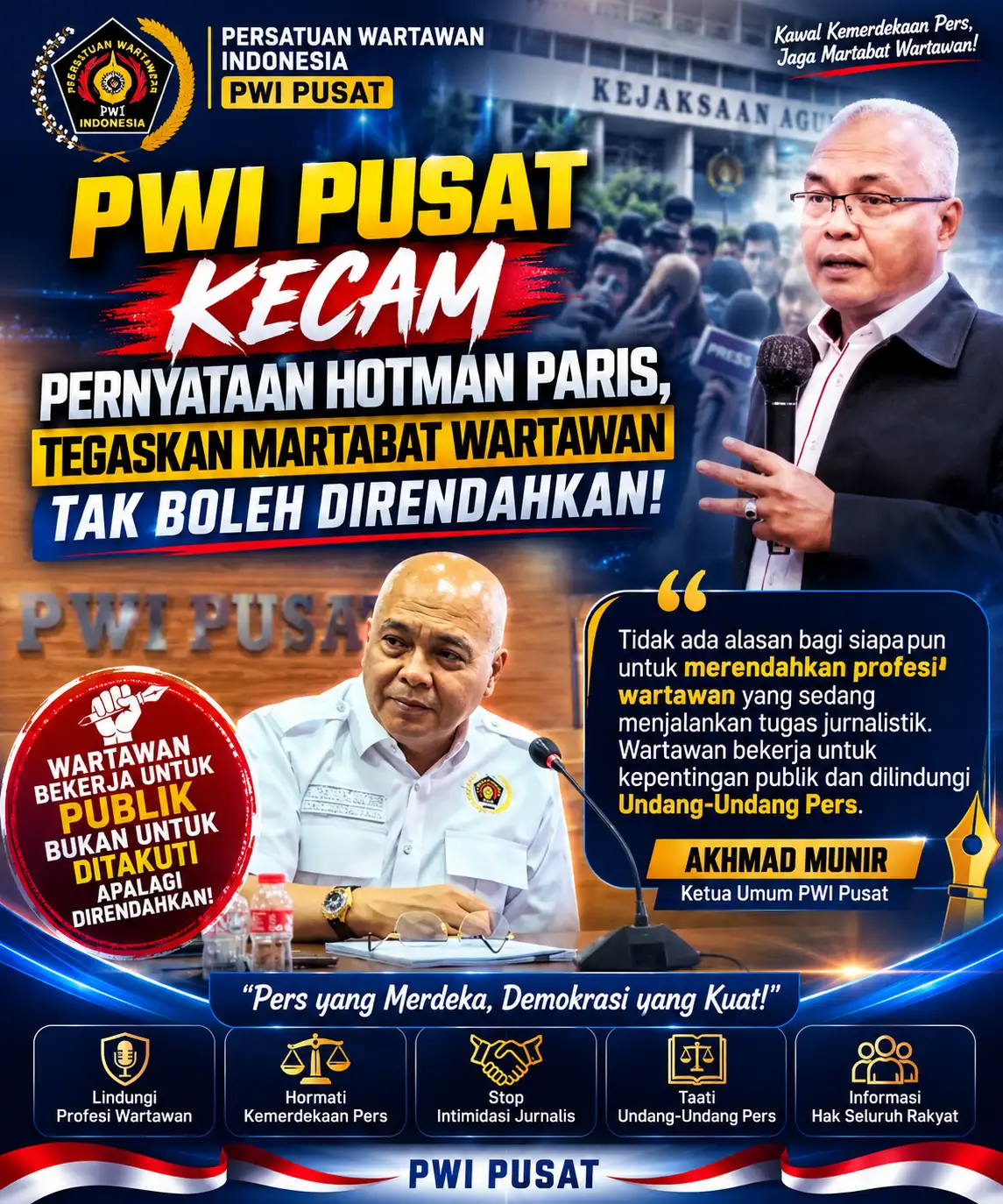 PWI Pusat Kecam Pernyataan Hotman Paris, Tegaskan Martabat Wartawan Tak Boleh Direndahkan