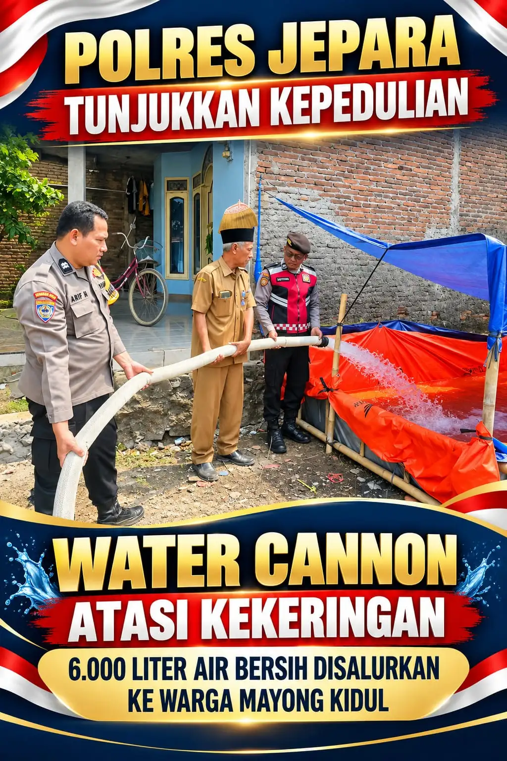 POLRES JEPARA TERJUNKAN WATER CANNON ATASI KEKERINGAN, 6.000 LITER AIR BERSIH DISALURKAN KE WARGA MAYONG KIDUL